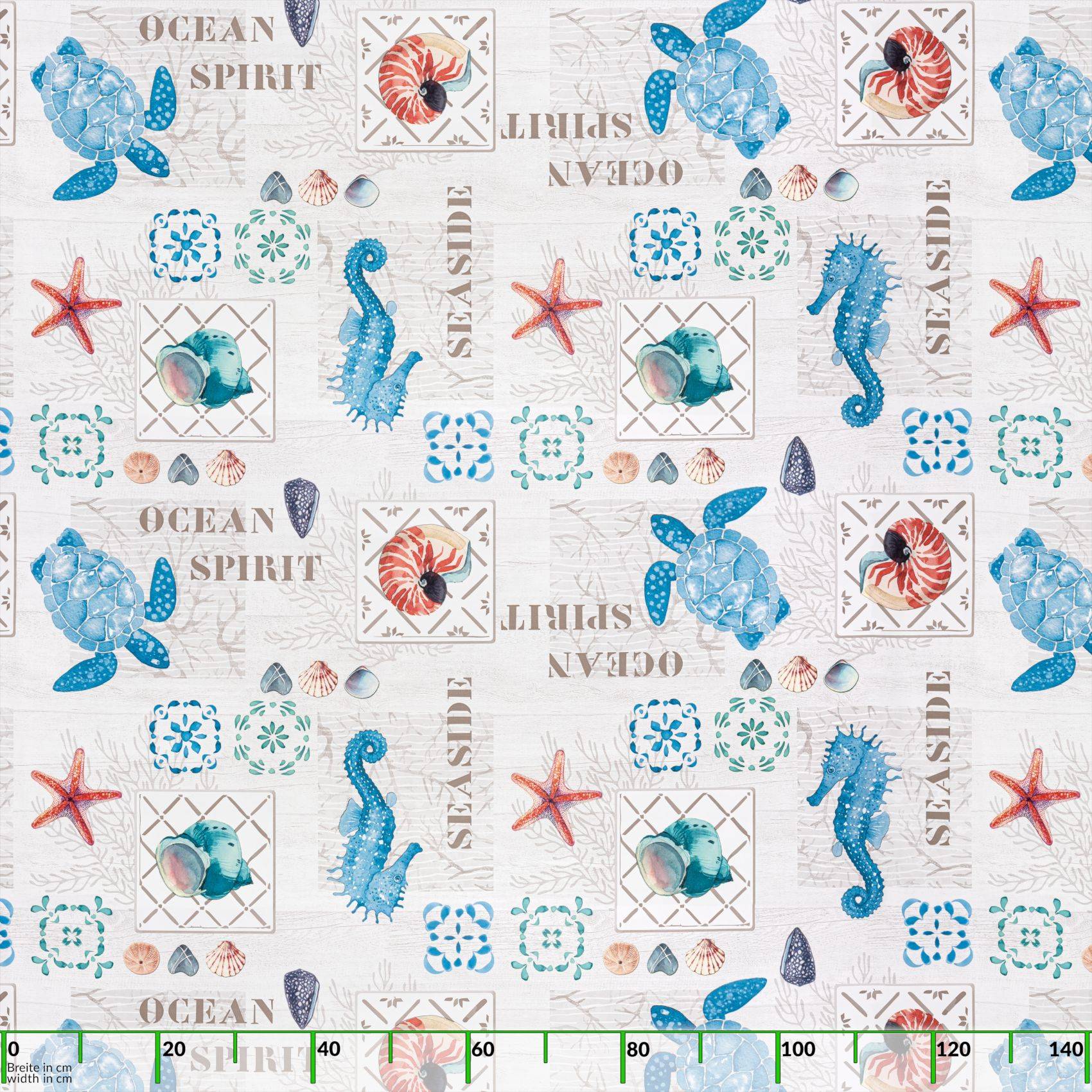 Nahtloses Muster mit Ozean-Thema mit blauen Schildkröten, Seepferdchen, Seesternen, Muscheln und Korallen; wiederholter Text "Ocean Spirit"" und ""Seaside"".