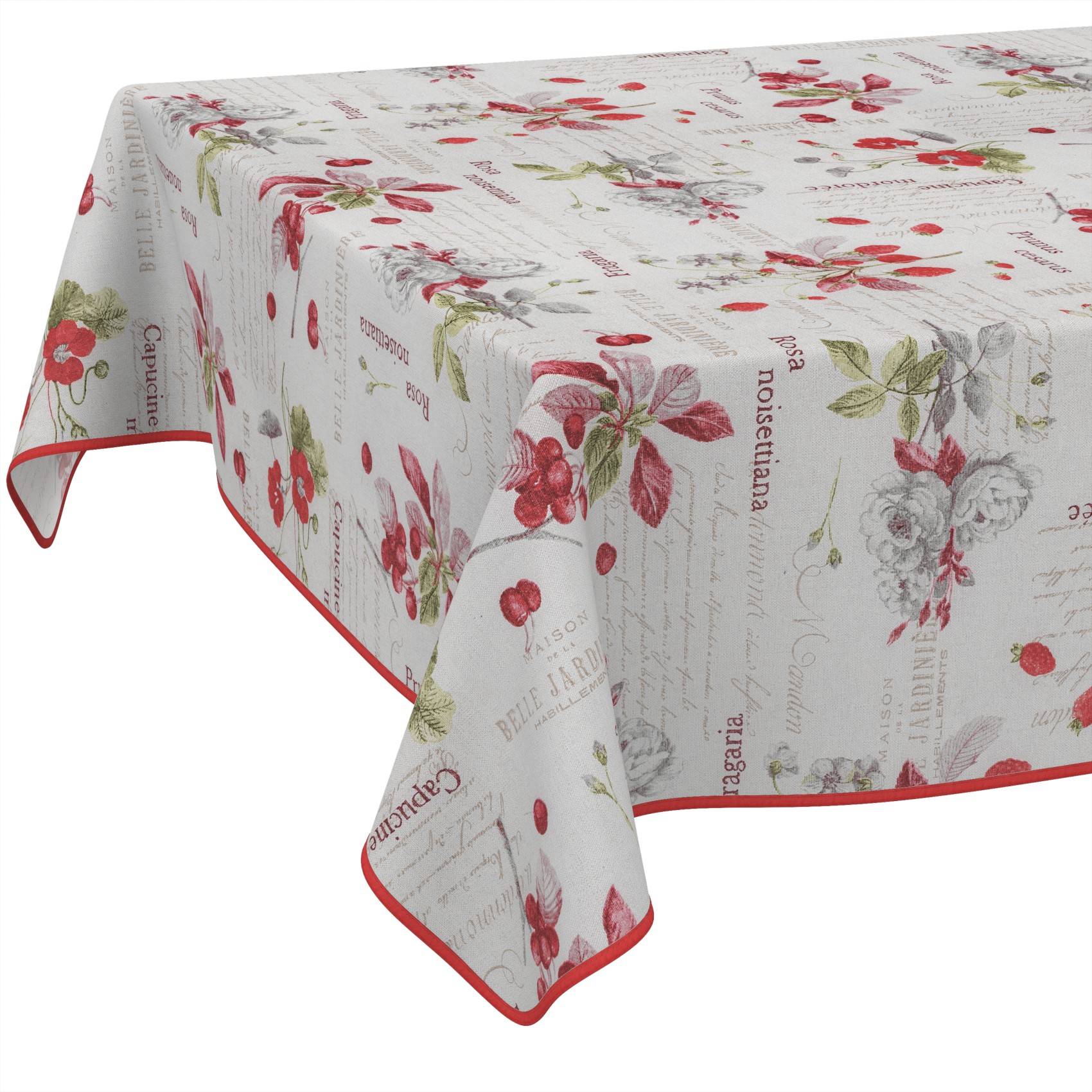 Rechteckige Tischdecke mit roter Borte, floralem Muster und Schriftzug, über einen Tisch drapiert auf weißem Hintergrund.