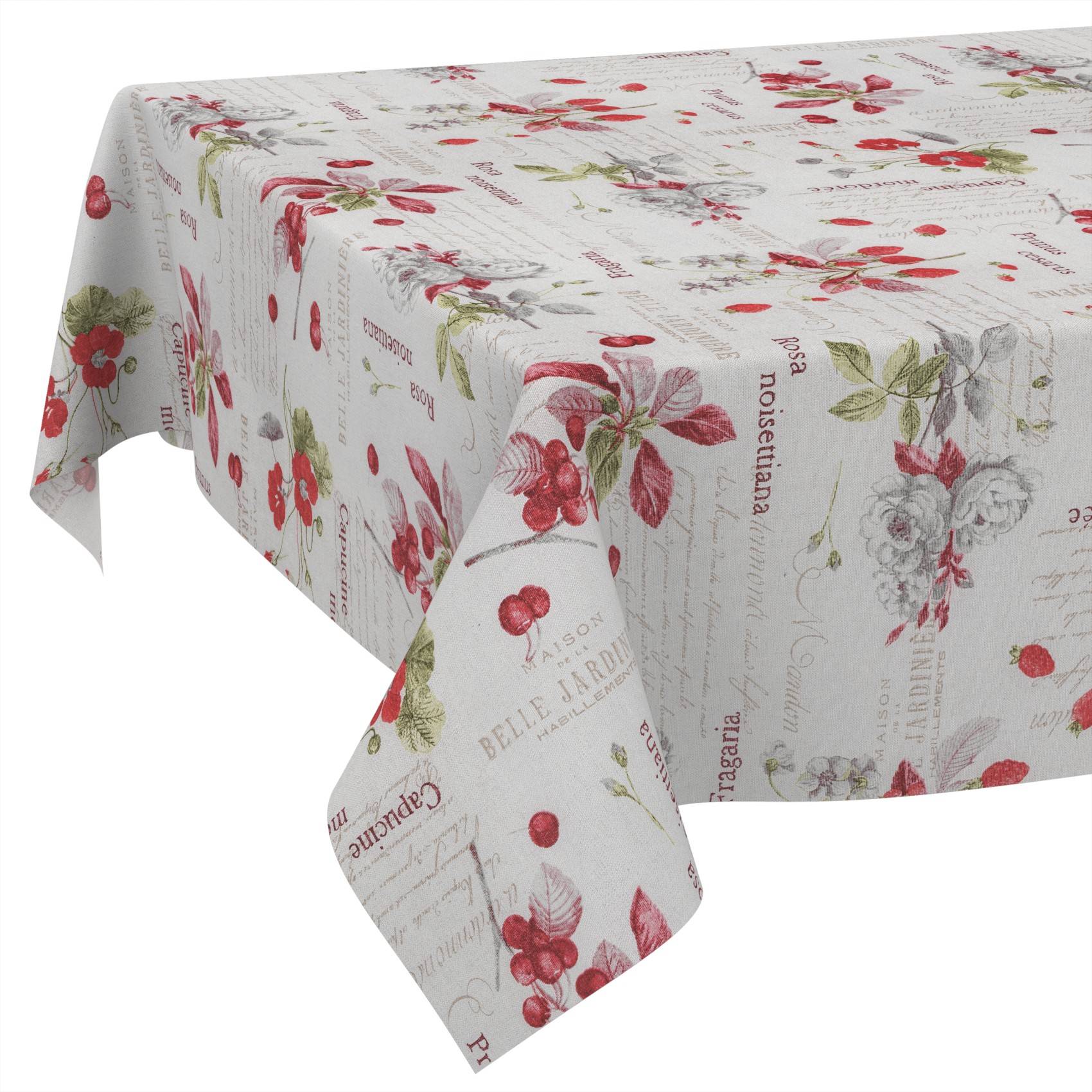 Weiße Tischdecke mit roten Beeren, Kirschen und vintage-Schriftzug-Blumenmuster, das über einen Tisch drapiert ist.