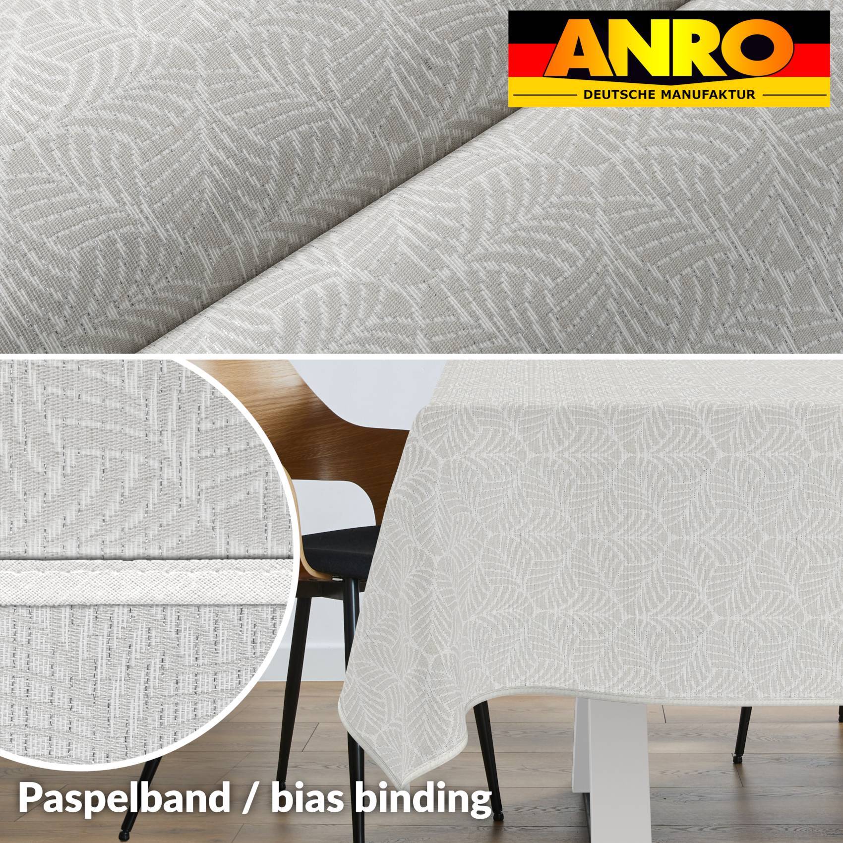 Nahaufnahme und Tabellenansicht der hellgrauen gemusterten Polsterstoffbespannung mit ANRO-Logo und Text „Paspelband / Schrägband" zur Kennzeichnung des Trimmaterials und der Verarbeitung.