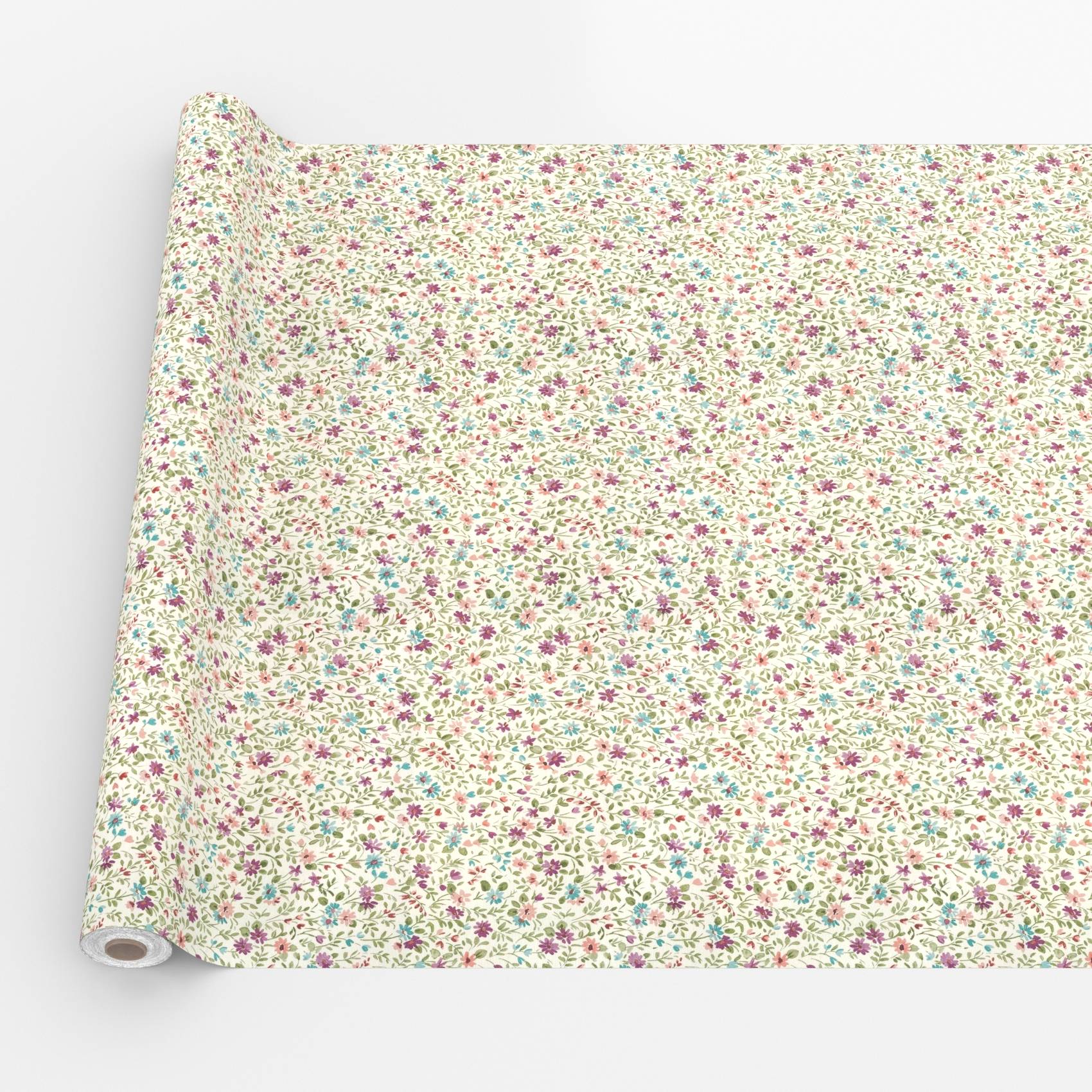 Rolle Creme-Blumentapete mit winzigen rosa, blauen und grünen Blüten auf weißem Grund.