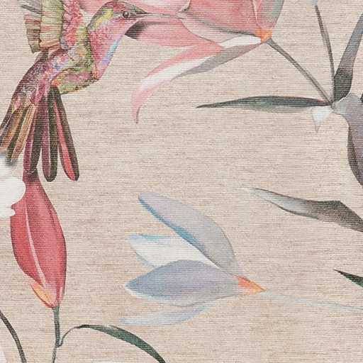 Abstraktes Blumenmusterstoffmuster mit pastellrosa, blauen und grünen Blättern und Blütenblättern auf beigem strukturiertem Hintergrund.