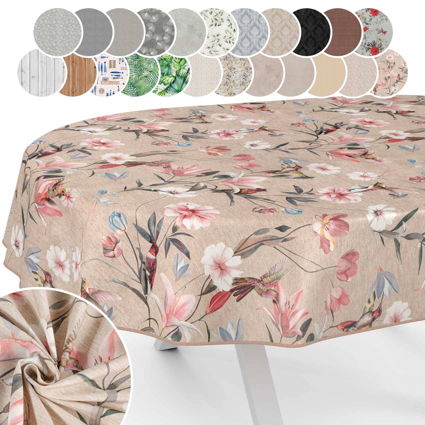 Florale beige Tischdecke auf einem Tisch, mit eingesetzten Kreisen, die mehrere Stoff-Muster und Farboptionen zeigen.