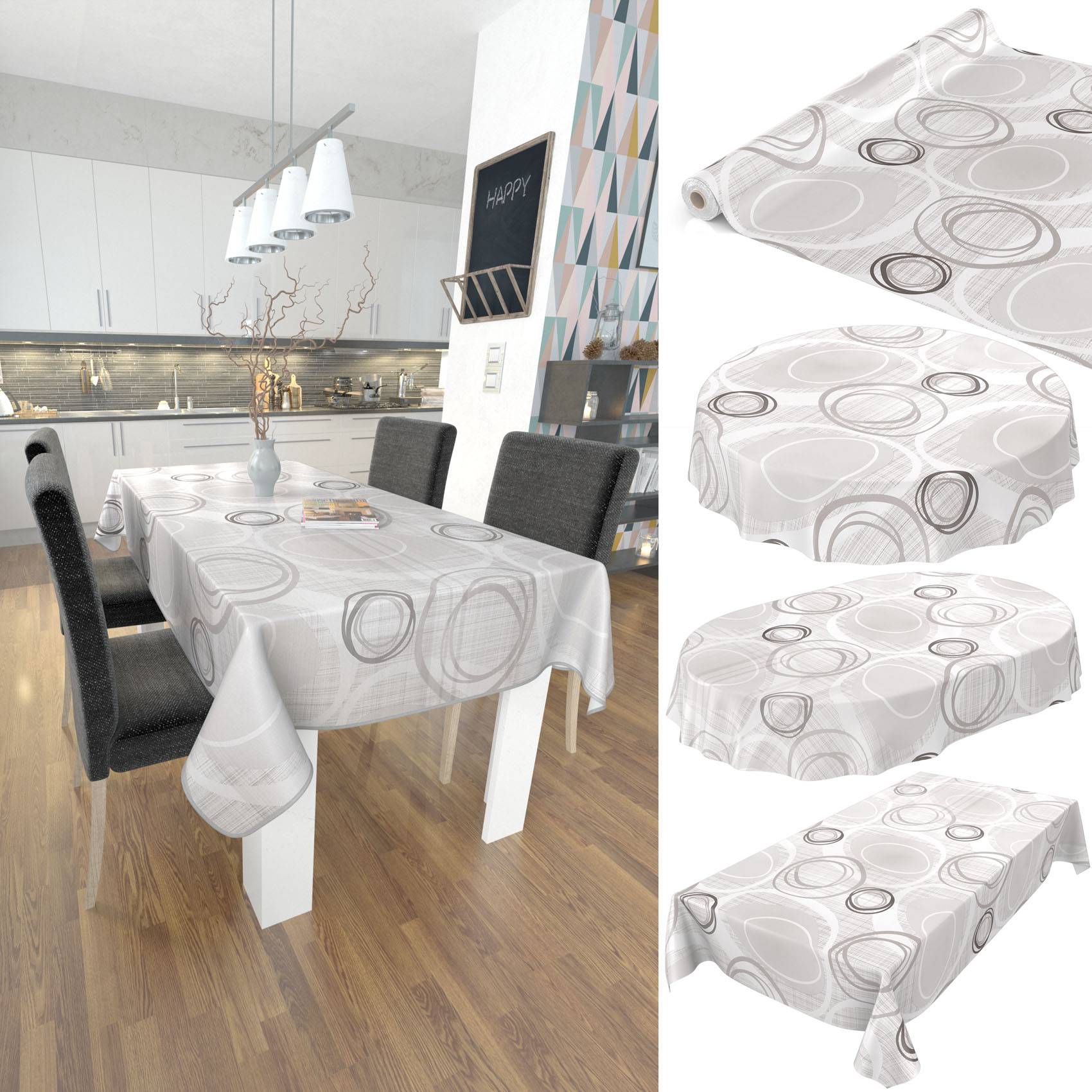 Grau-weiße abstrakte Tischdecke mit Kreismuster, das über einen Esstisch drapiert ist, gezeigt in einer modernen Küche und in mehreren Größen-/Stilansichten.