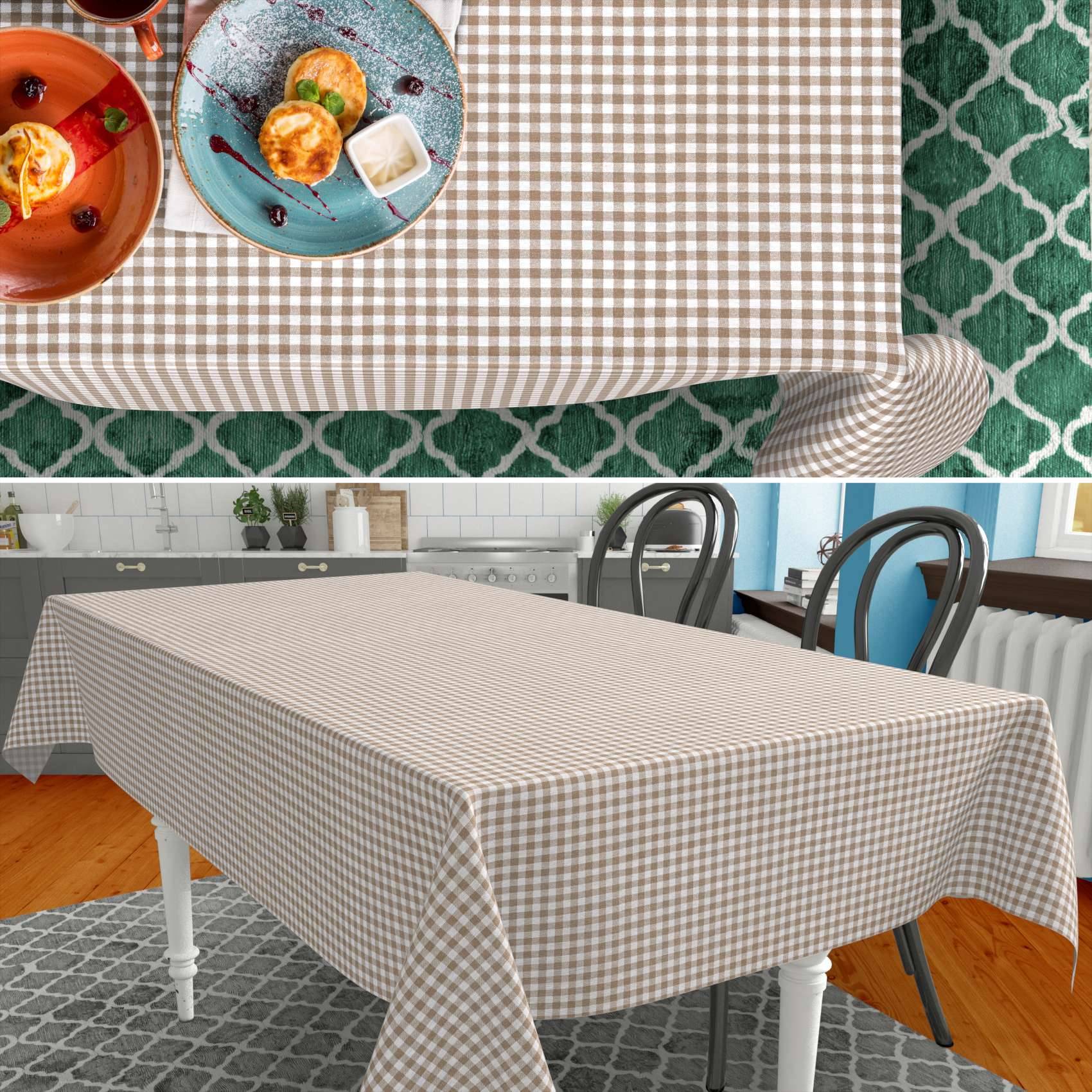 Gingham-Tischtuch, das über einen Esstisch in einer Küche drapiert ist, von oben und in einer Raumeinstellung mit Stühlen und gemustertem Boden gezeigt.