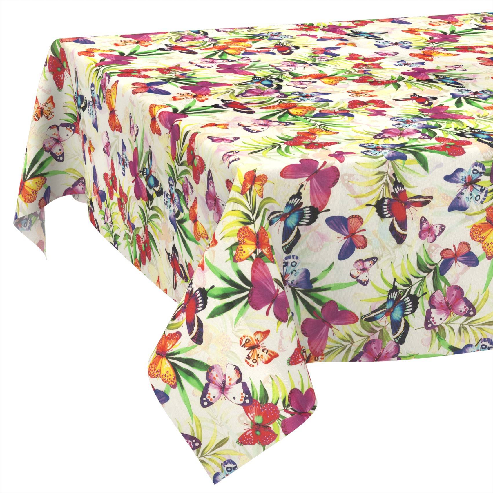 Tischdecke mit Schmetterlingsdruck mit bunten Schmetterlingen und Blumen auf weißem Hintergrund, über einer Tischkante drapiert.