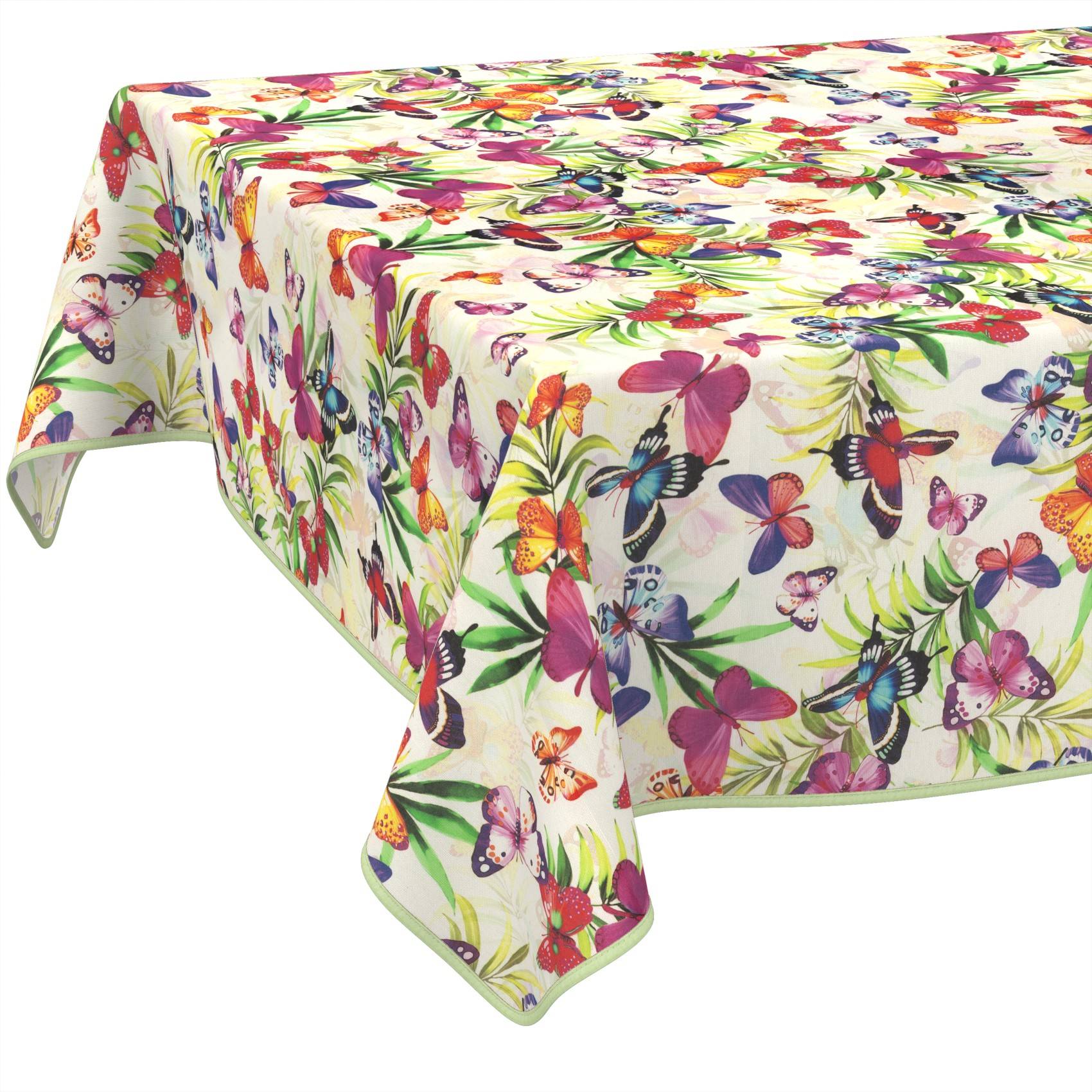 Tischdecke mit Schmetterlingsmuster mit bunten Schmetterlingen und Blumen auf weißem Grund.