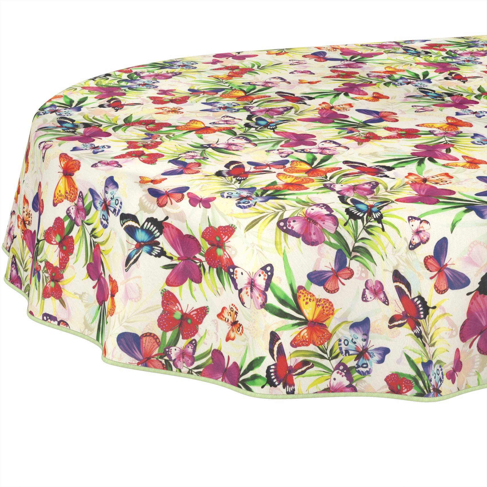 Runde Tischdecke mit weißem Hintergrund, bedeckt mit bunten Schmetterlingen, Blumen und Blättern.