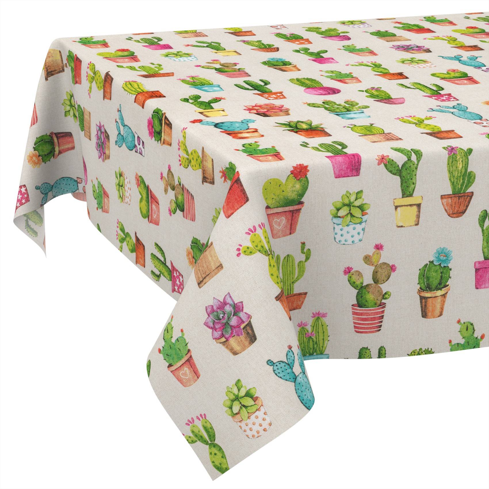 Rechteckige Tischdecke mit weißem Hintergrund, bedeckt mit bunten Aquarell-Kaktus- und Sukkulenten-Töpfen, die über die Tischkanten hängen.