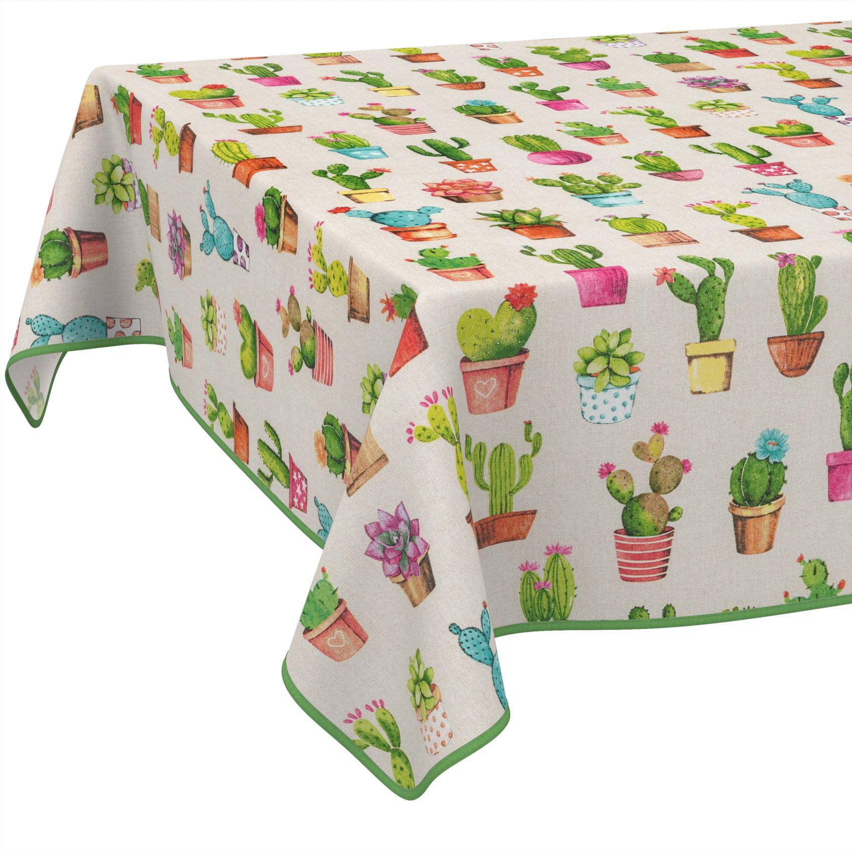Rechteckige Tischdecke mit einem farbenfrohen Muster aus Kakteen und Sukkulenten in Töpfen auf hellem Hintergrund, mit grüner Borte gesäumt.
