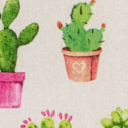 Illustration von Topfkakteen und Sukkulenten auf hellem Hintergrund, einschließlich eines Kaktus in einem rosa Topf und eines weiteren in einem Terrakotta-Topf mit einem Herz.