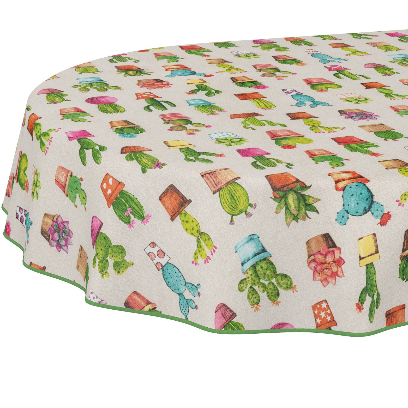 Weiße Tischdecke mit farbenfrohem Kaktus-Musterdruck und grünem Wellenkante