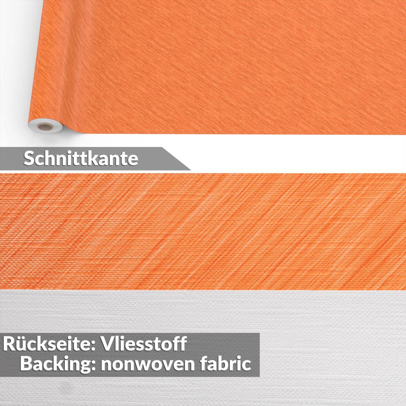 Nahaufnahme einer orange strukturierten Materialrolle, die die Schnittkante und die Rückseite zeigt, beschriftet mit "Backing: nonwoven fabric"" und ""Schnittkante"".