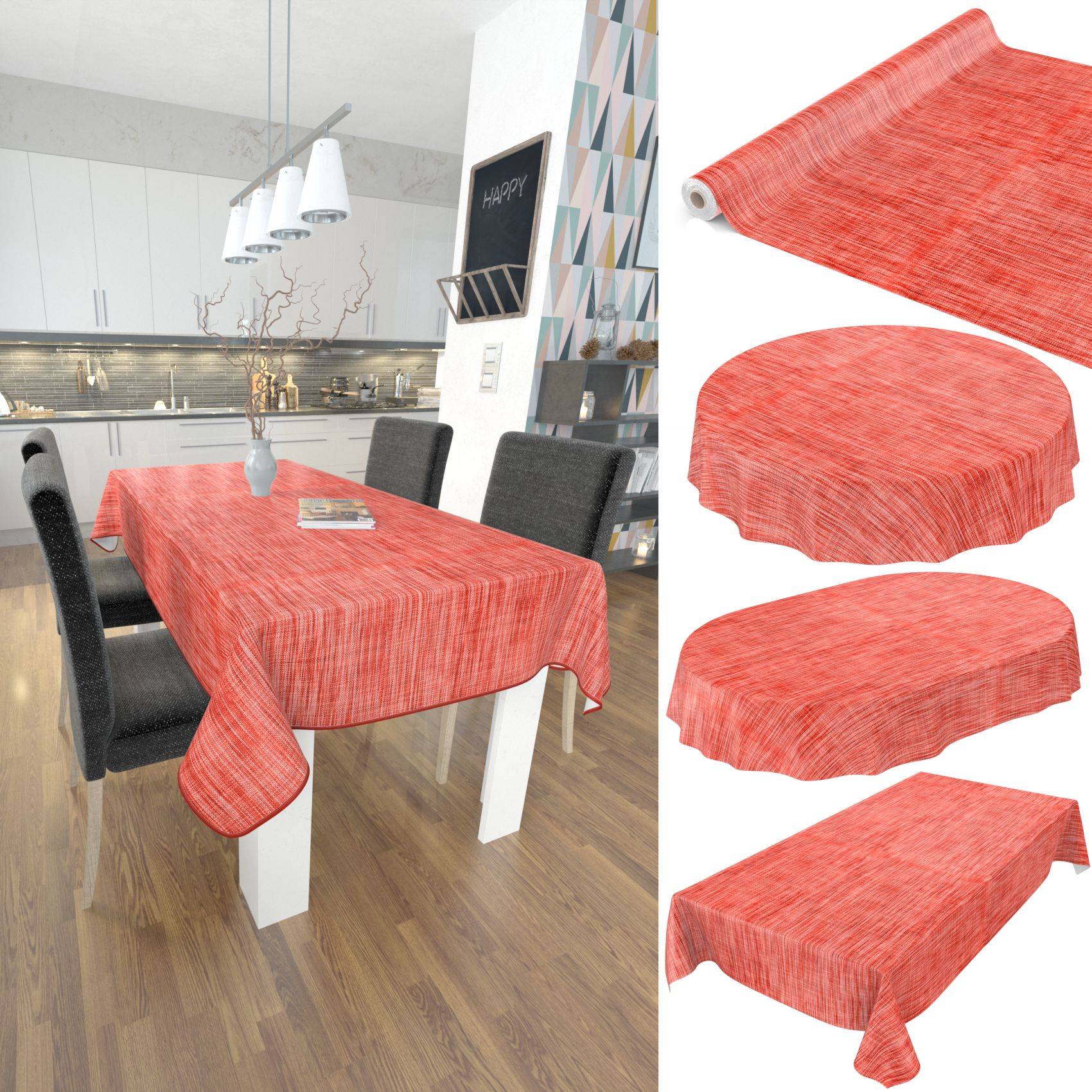 Rote Tischdecke auf einem Esstisch in einer modernen Küche; Seitenpaneele zeigen dasselbe Tuch, das auf runden, ovalen und rechteckigen Tischen passt.