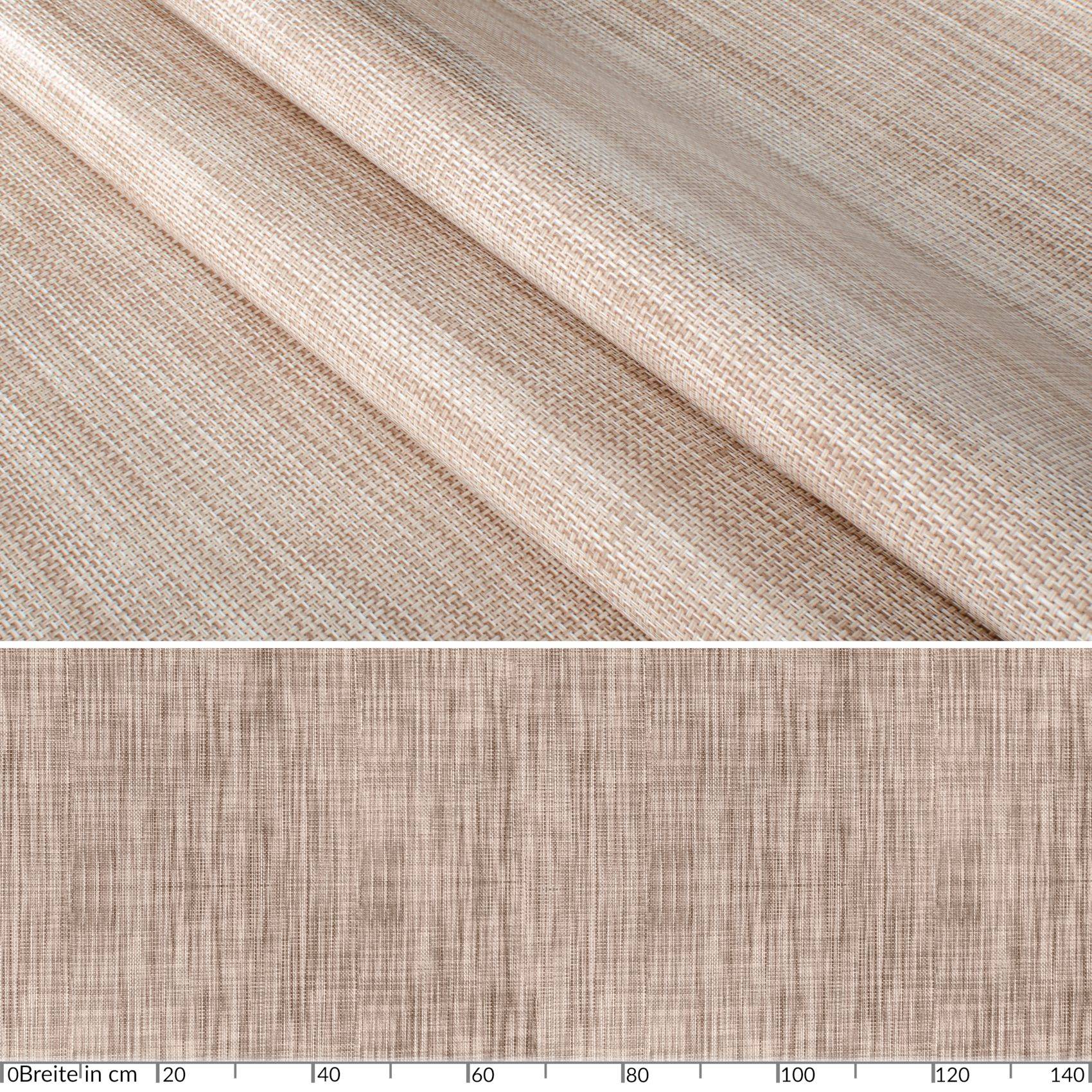 Geteiltes Bild aus beigefarbenem Webstoff: Nahaufnahme der Textur oben und darunter ein Stofflineal-Diagramm, das eine Breite von etwa 140 cm zeigt.