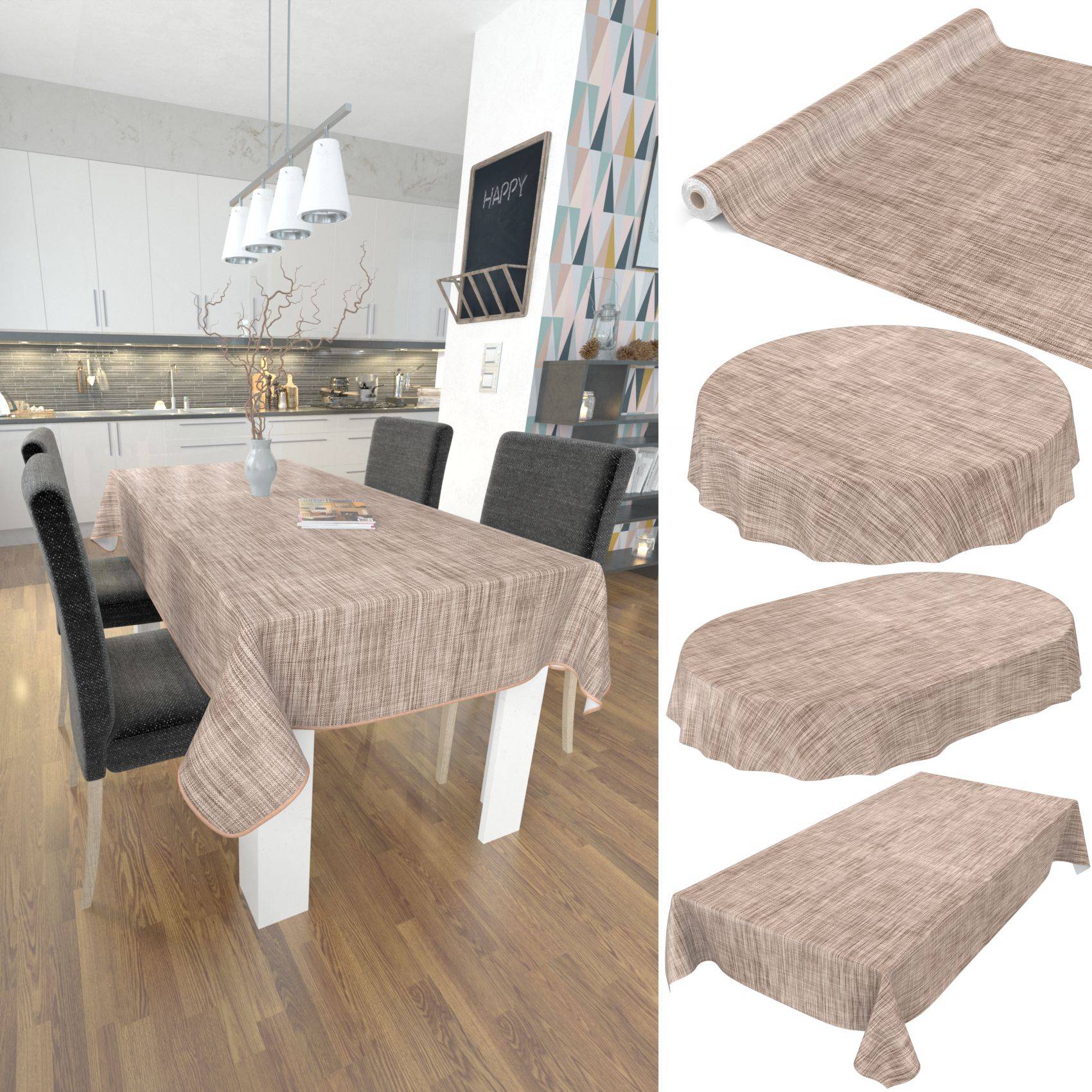 Beige strukturierte Tischdecke, die über einen Esstisch drapiert ist, gezeigt in einem Küchen-Esszimmer und als Produktansichten auf runden und rechteckigen Tischen.