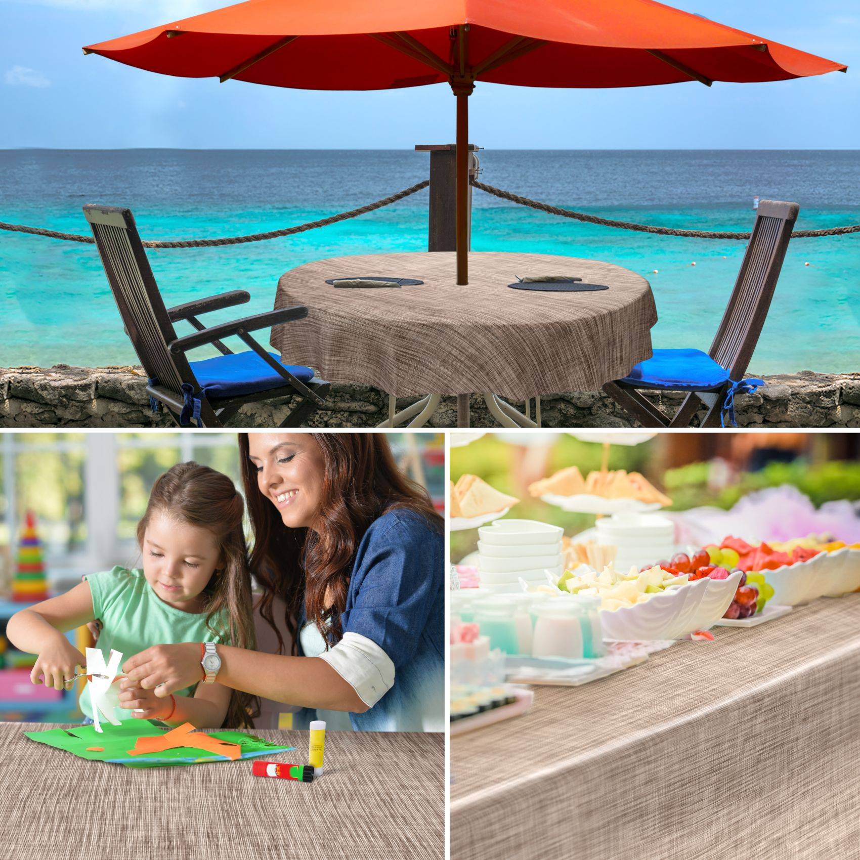Collage eines Esstisches am Meer mit zwei Stühlen und einem roten Sonnenschirm, plus eine Mutter und ein Kind, die neben einem Dessertbuffet Papierkünstlerarbeiten anfertigen.