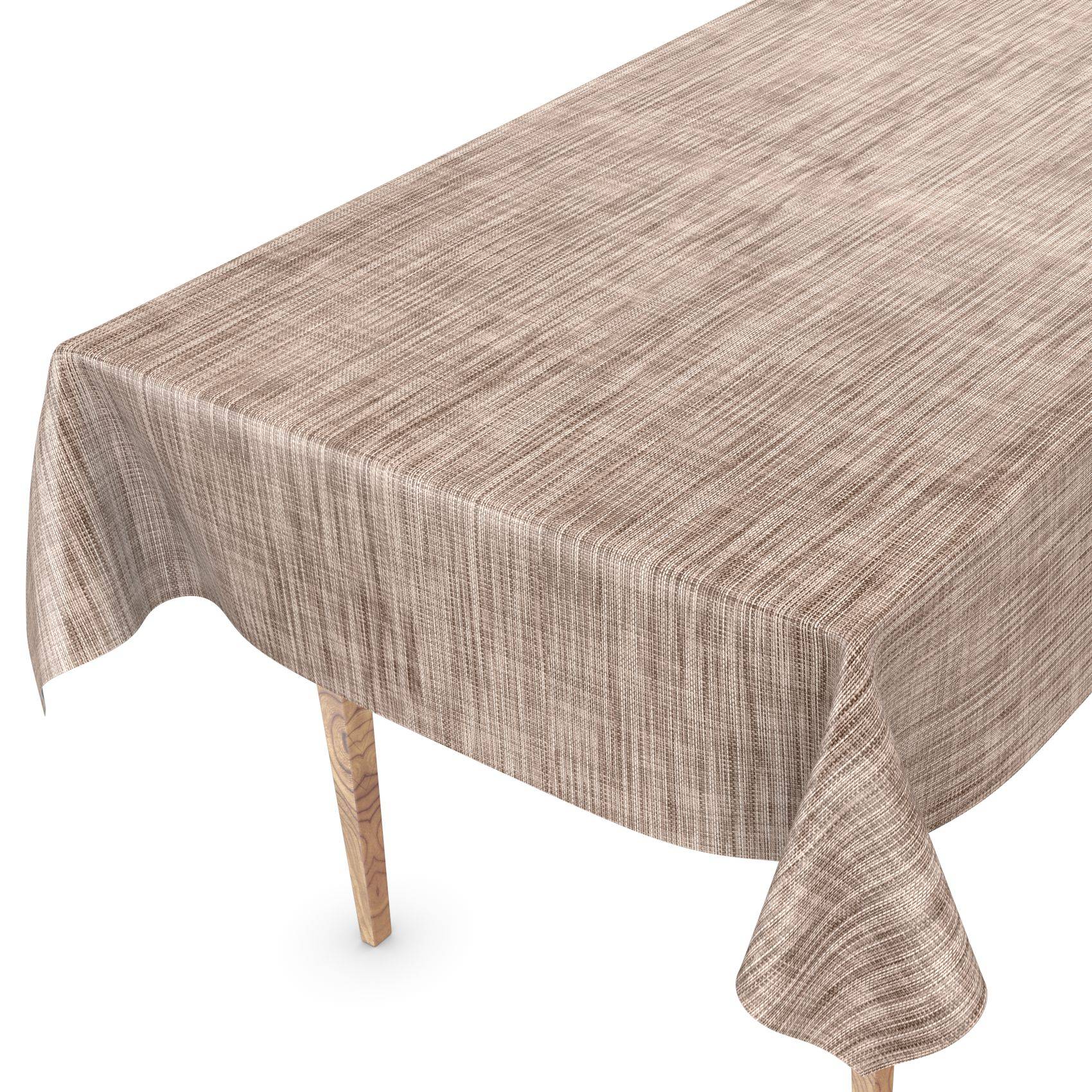Beige kariertes Tischtuch, das über einen rechteckigen Tisch drapiert ist, mit einem sichtbaren Holzbein gegen einen weißen Hintergrund.