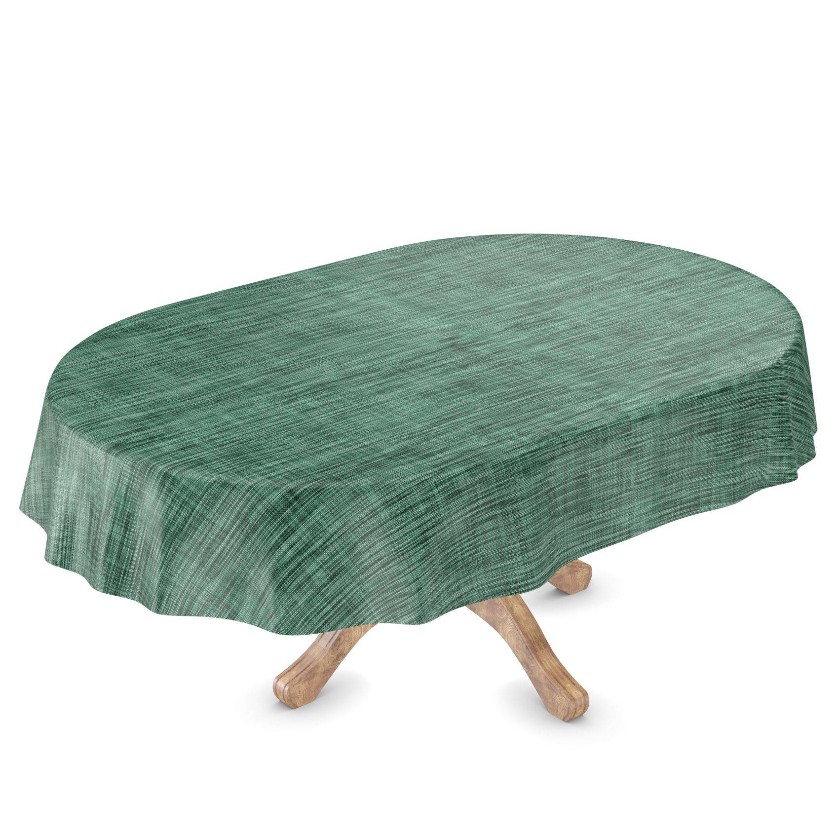 Grüne ovale Tischdecke, die über einen kleinen Holztisch mit gekreuzten Beinen auf weißem Hintergrund drapiert ist.