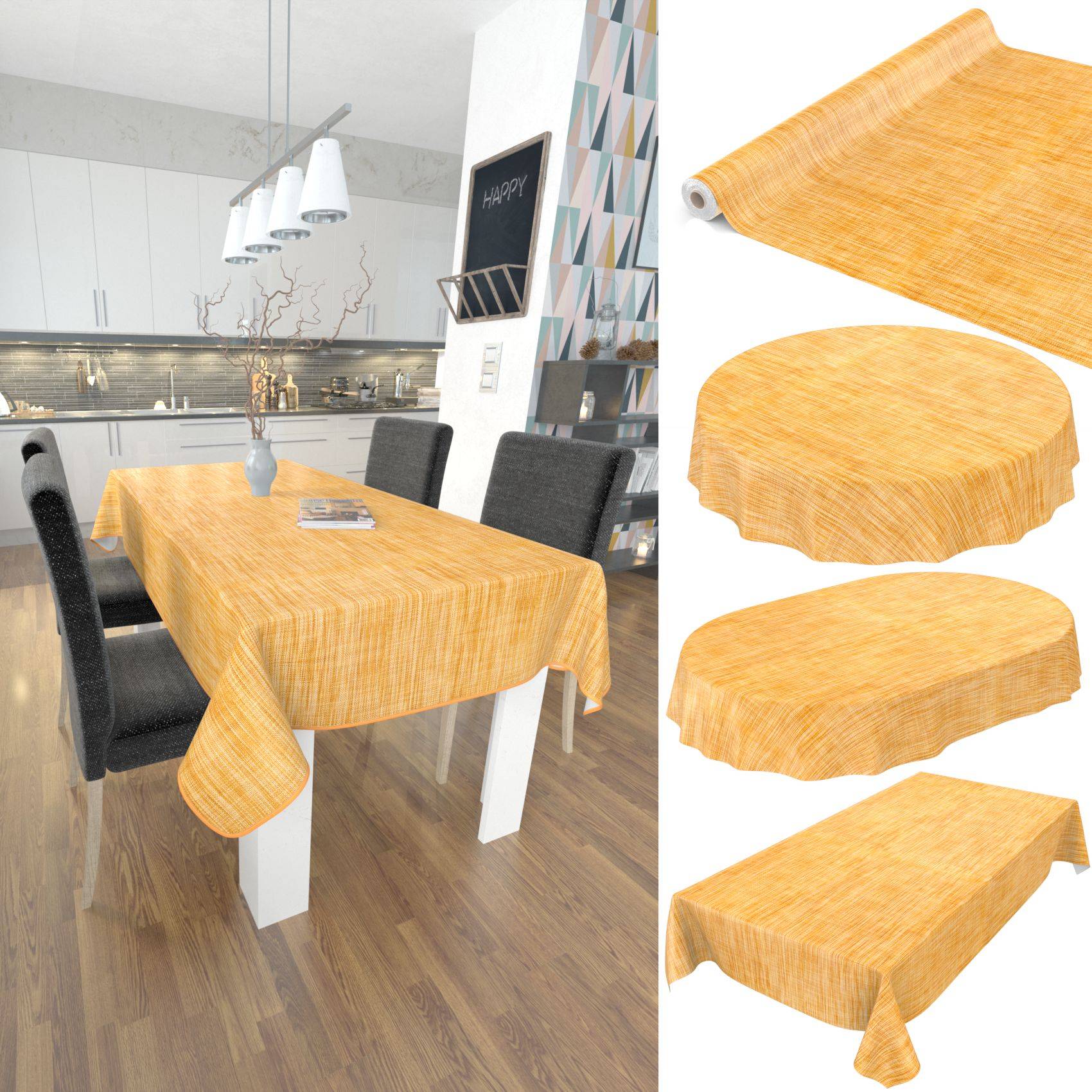 Gelbe strukturierte Tischdecke, dargestellt auf einem Esstisch und als vier Produktansichten in verschiedenen Formen.