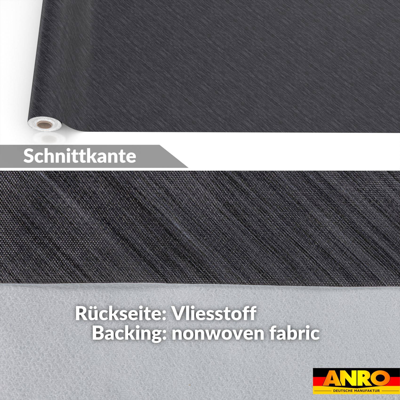 Nahaufnahme von dunklem strukturiertem Material mit sichtbarer Schnittkante und grauem Vliesstoff-Rückseite, beschriftet mit 'Schnittkante' und 'Rückseite: Vliesstoff / Backing: nonwoven fabric'.