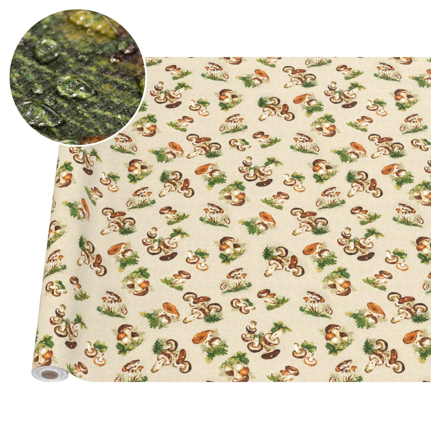 Rolle Tapete in Creme mit einem sich wiederholenden Pilz- und Farnmuster, gezeigt mit einer Nahaufnahme des strukturierten Oberflächendetails.