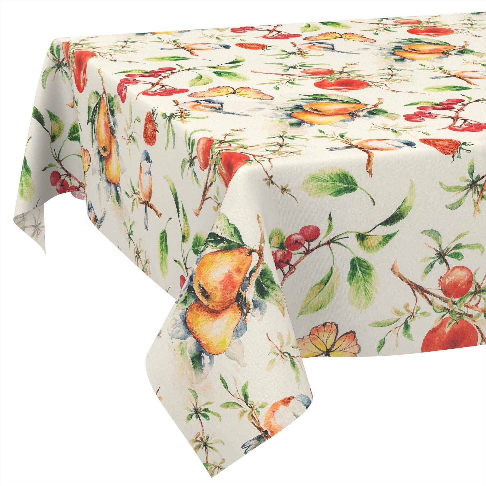 Quadratisches Tischtuch mit weißem Hintergrund und buntem Obst- und Blatt-Aquarellmuster, das über einen Tisch drapiert ist.