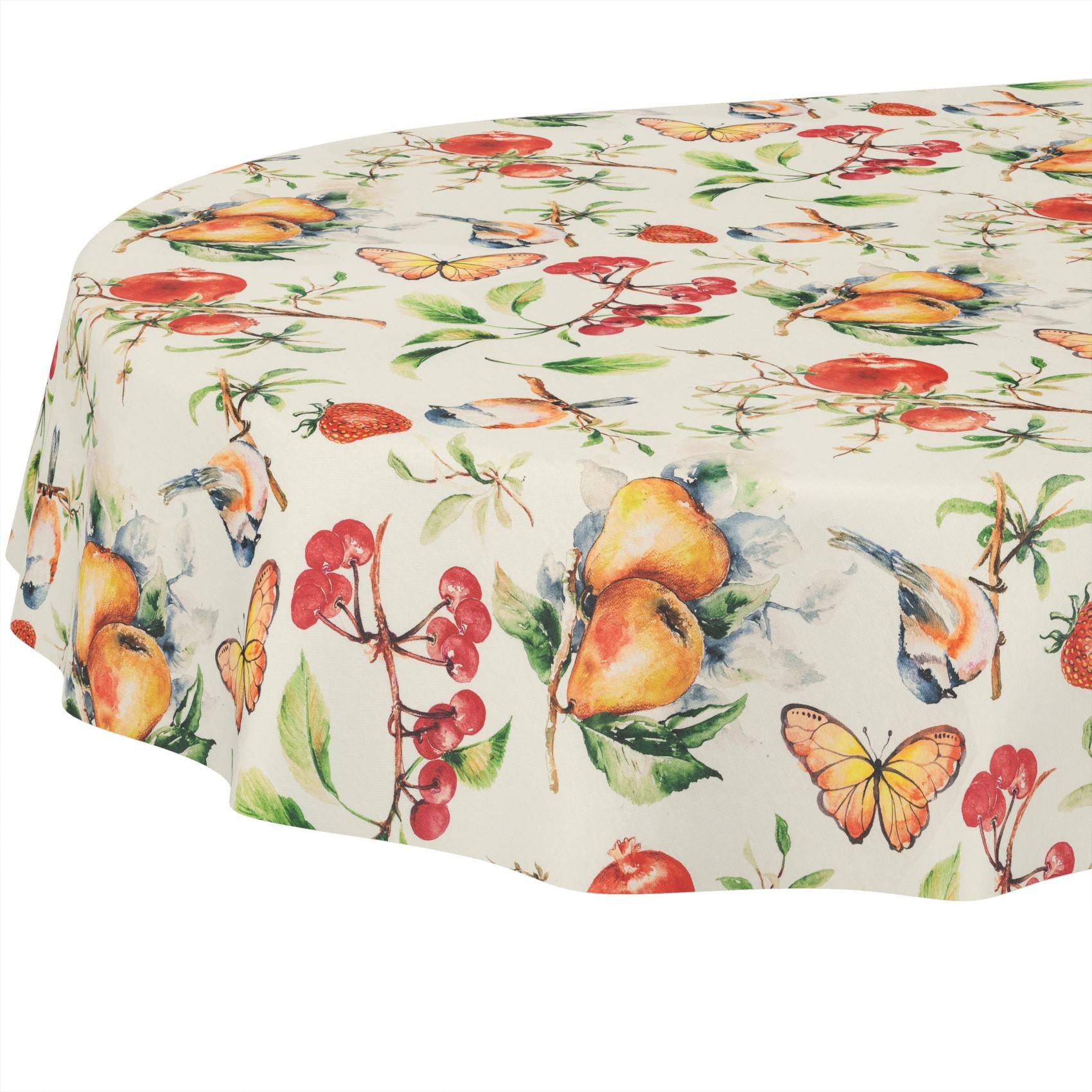 Tisch mit weißem Tuch bedeckt, das mit Aquarellmotiven von Früchten, Schmetterlingen und Vögeln gemustert ist.