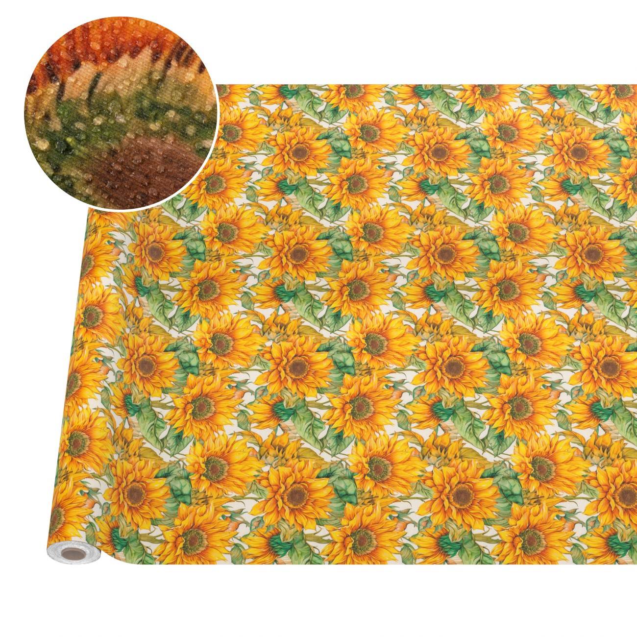 Rolle mit Sonnenblumenmuster aus Stoff oder Geschenkpapier mit vergrößerter Nahaufnahme der texturierten Oberfläche.