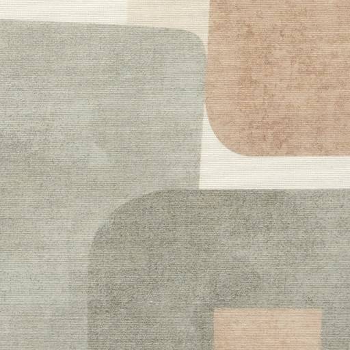 Abstraktes Muster aus sich überlappenden abgerundeten Rechtecken in gedämpftem Grau, Beige und zartem Rosa auf texturiertem, stoffähnlichem Hintergrund.
