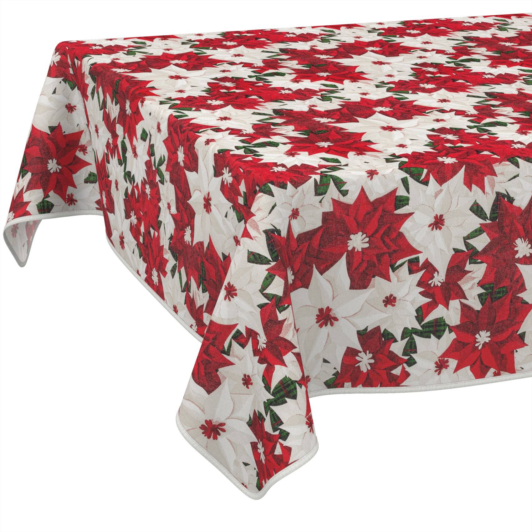 Tisch mit einer weißen Tischdecke mit roten und grünen Weihnachtssternen gemustert, über die Kanten drapiert gezeigt.