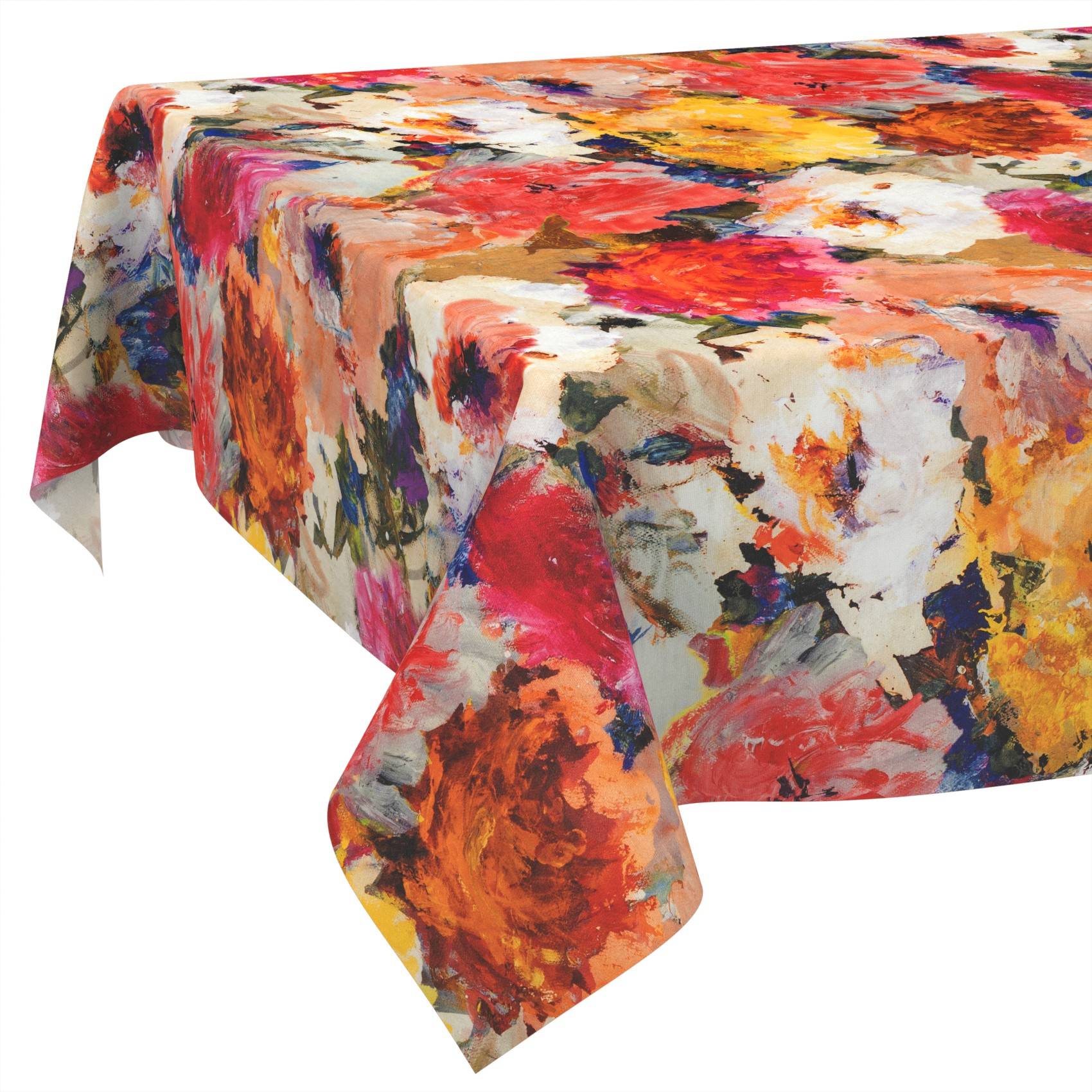 Farbenfrohe abstrakte Blumen-Tischdecke, die über einem Tisch drapiert ist, mit einem lebendigen mehrfarbigen, gemäldeähnlichen Druck auf weißem Stoff.