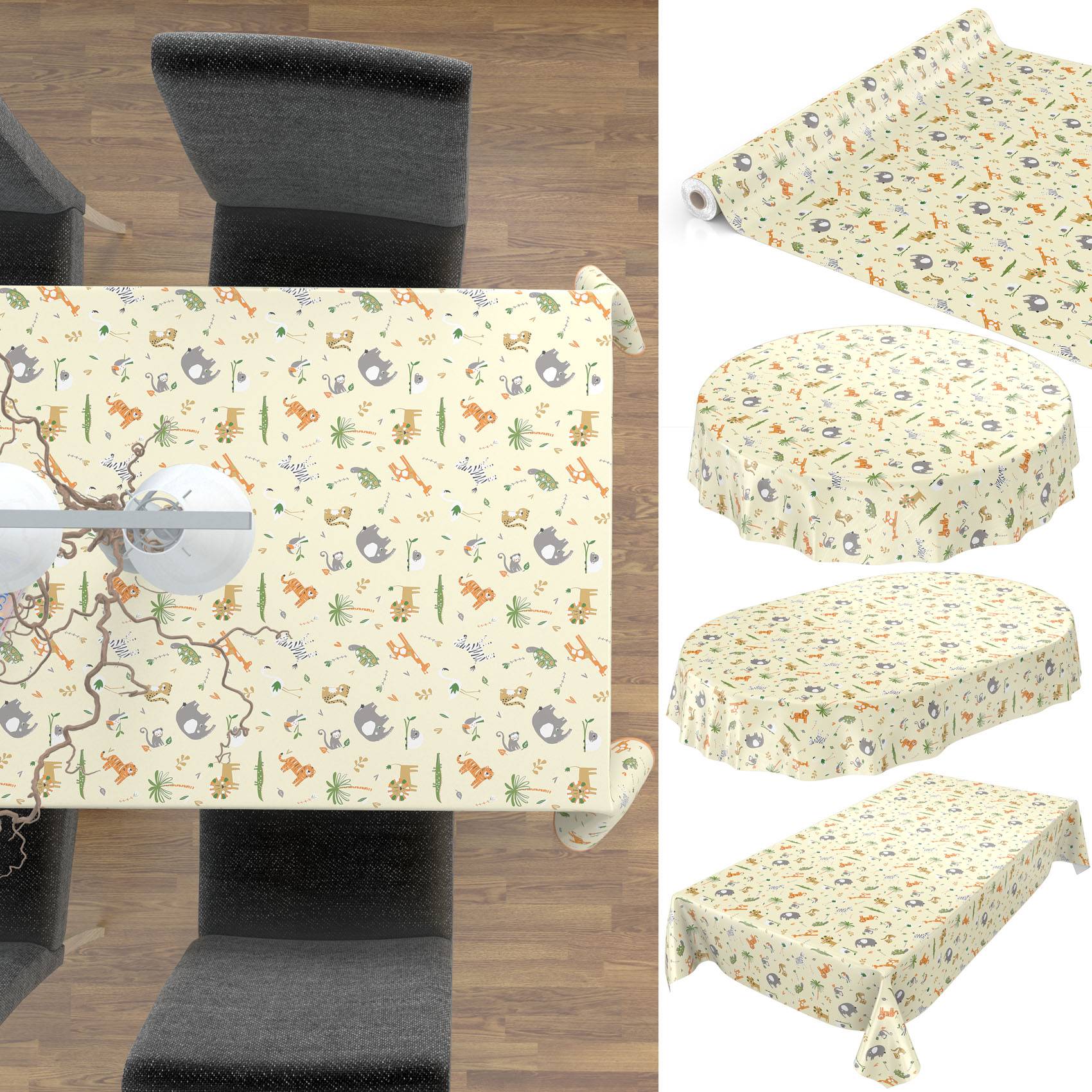 Collage mit einer gemusterten Tischdecke auf einem Esstisch, mit Nahaufnahmen des Stoffes, der aufgerollt und über runde und rechteckige Tische gespannt ist.