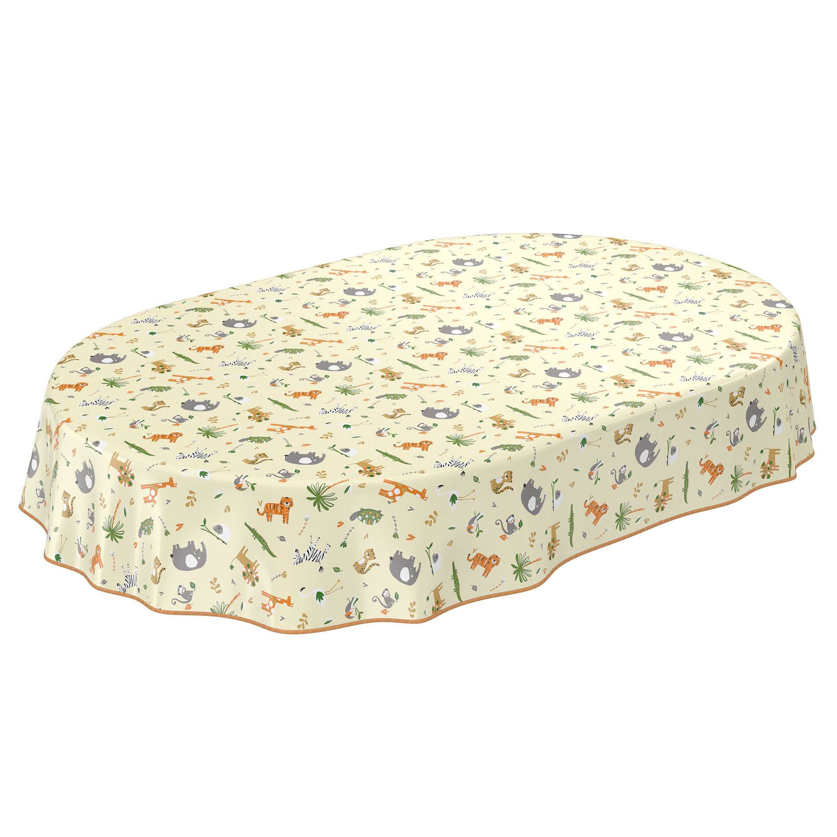 Anliegende Betttagesdecke oder Tischdecke im Tierdruck-Design in Creme, verziert mit kleinen bunten Dschungeltieren und Pflanzen.