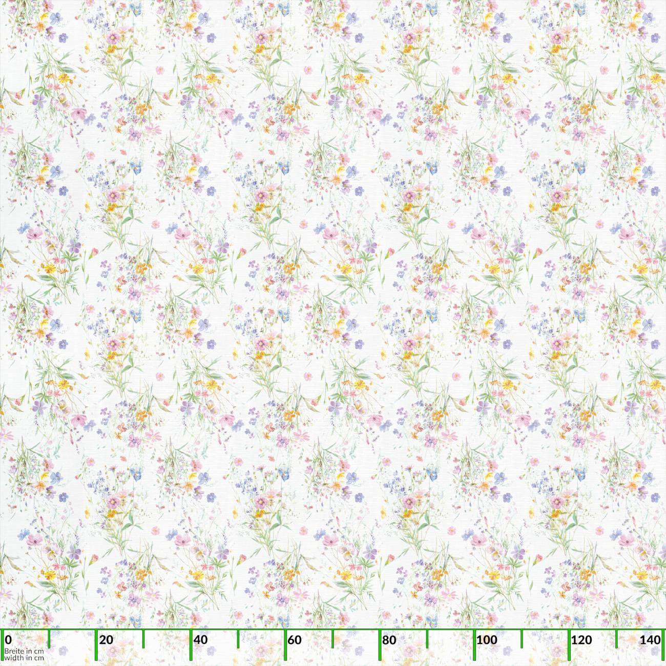 Wiederholendes zartes Pastell-Blumenmuster auf weißem Hintergrund, mit kleinen verstreuten Wildblumen und grünen Stielen.