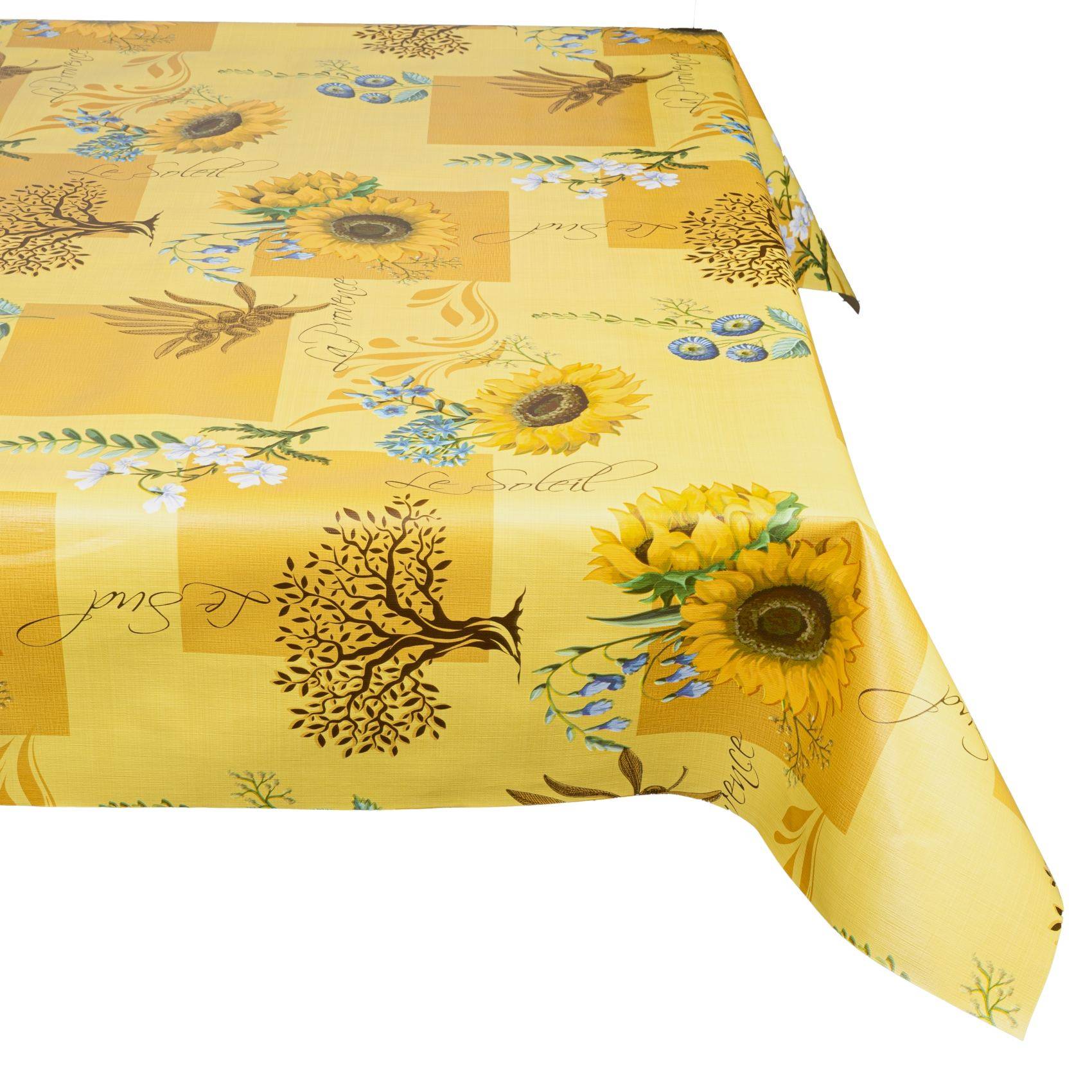 Gelbe Tischdecke mit Sonnenblumen- und Baumdruck, über einen Tisch drapiert