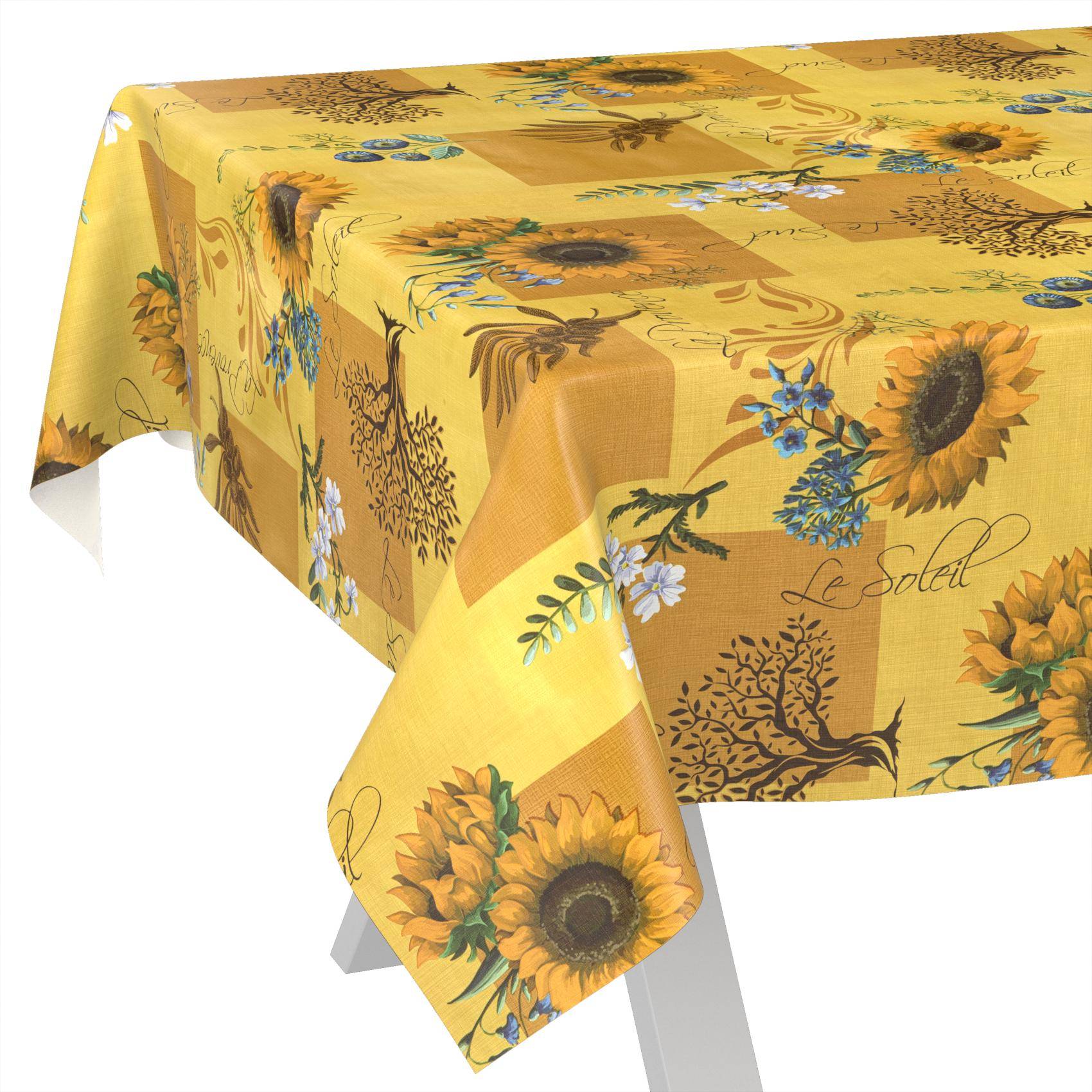 Gelbe Tischdecke mit Sonnenblumen- und blauem Blumenmuster über einem Tisch drapiert