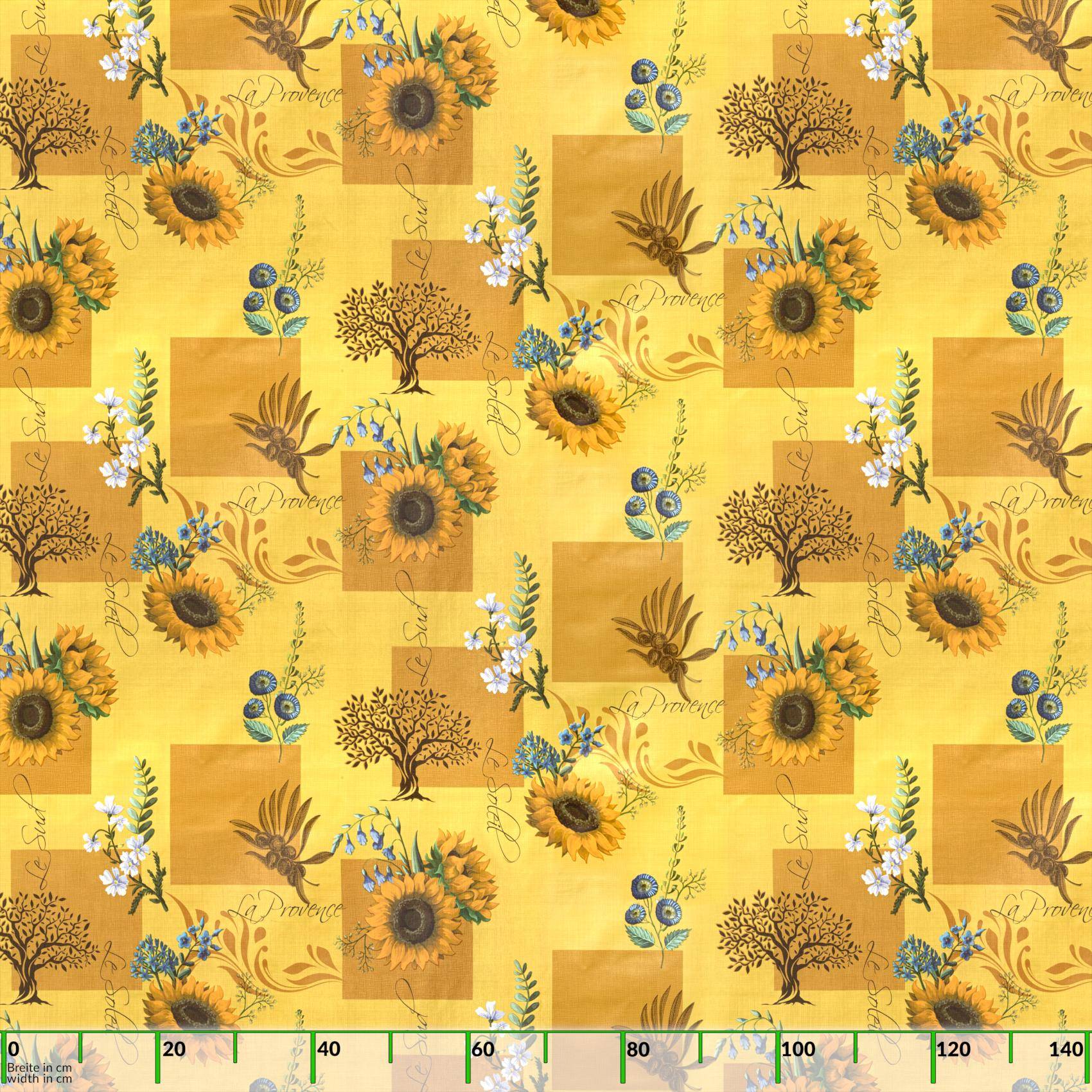 Nahtloses gelbes Blumenmuster mit Sonnenblumen, blauen Beeren, Olivenzweigen und wiederholtem Text „Provence" auf dem Stoff.