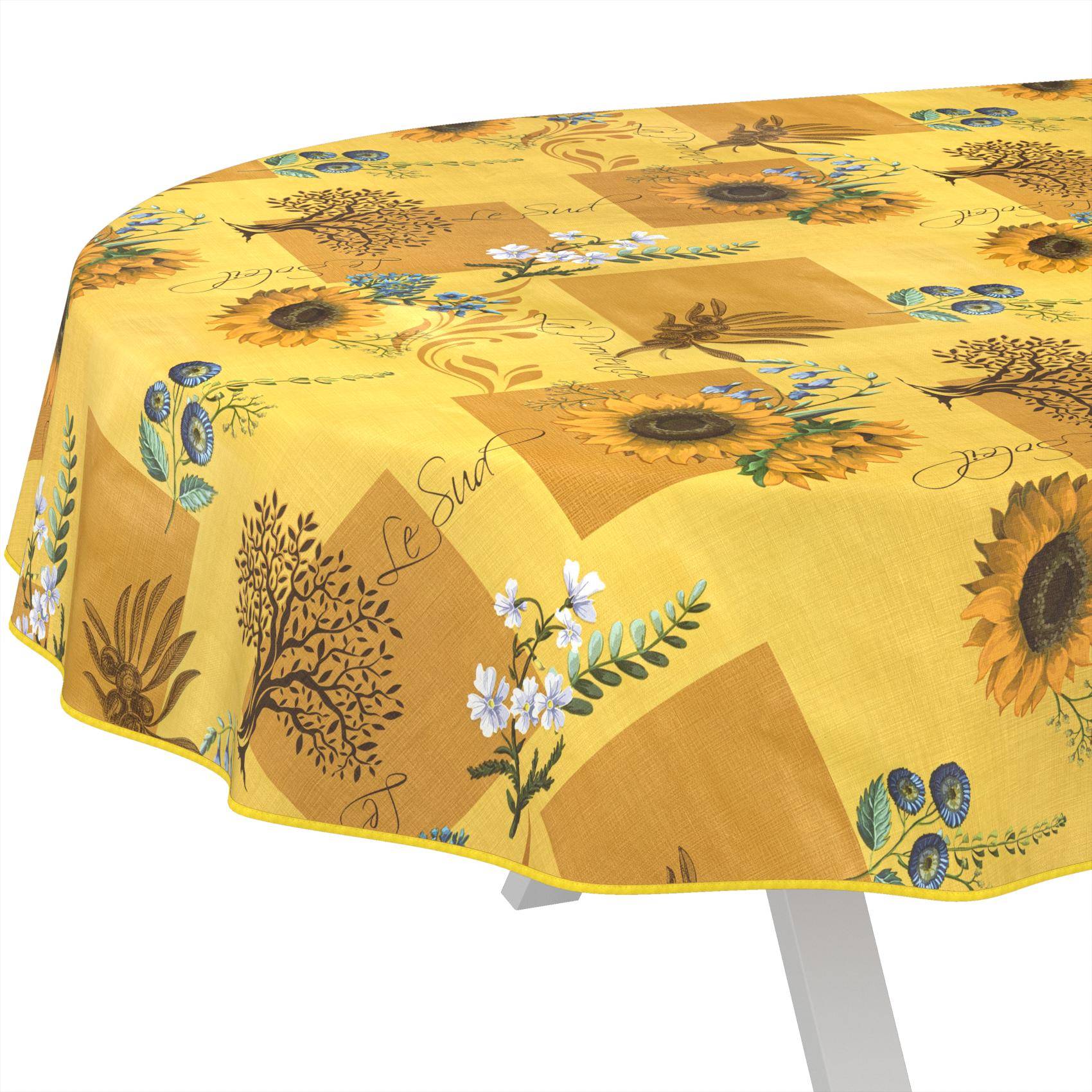 Gelbe Tischdecke mit Sonnenblumen- und Blumenmuster, die über einen runden Tisch drapiert ist.
