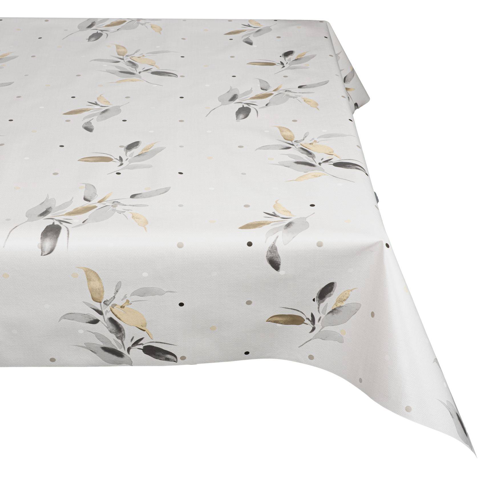 Weiße Tischdecke mit grauem, beigem und schwarzem Blatt- und Punkt-Blumenmuster, über eine Tischkante drapiert.