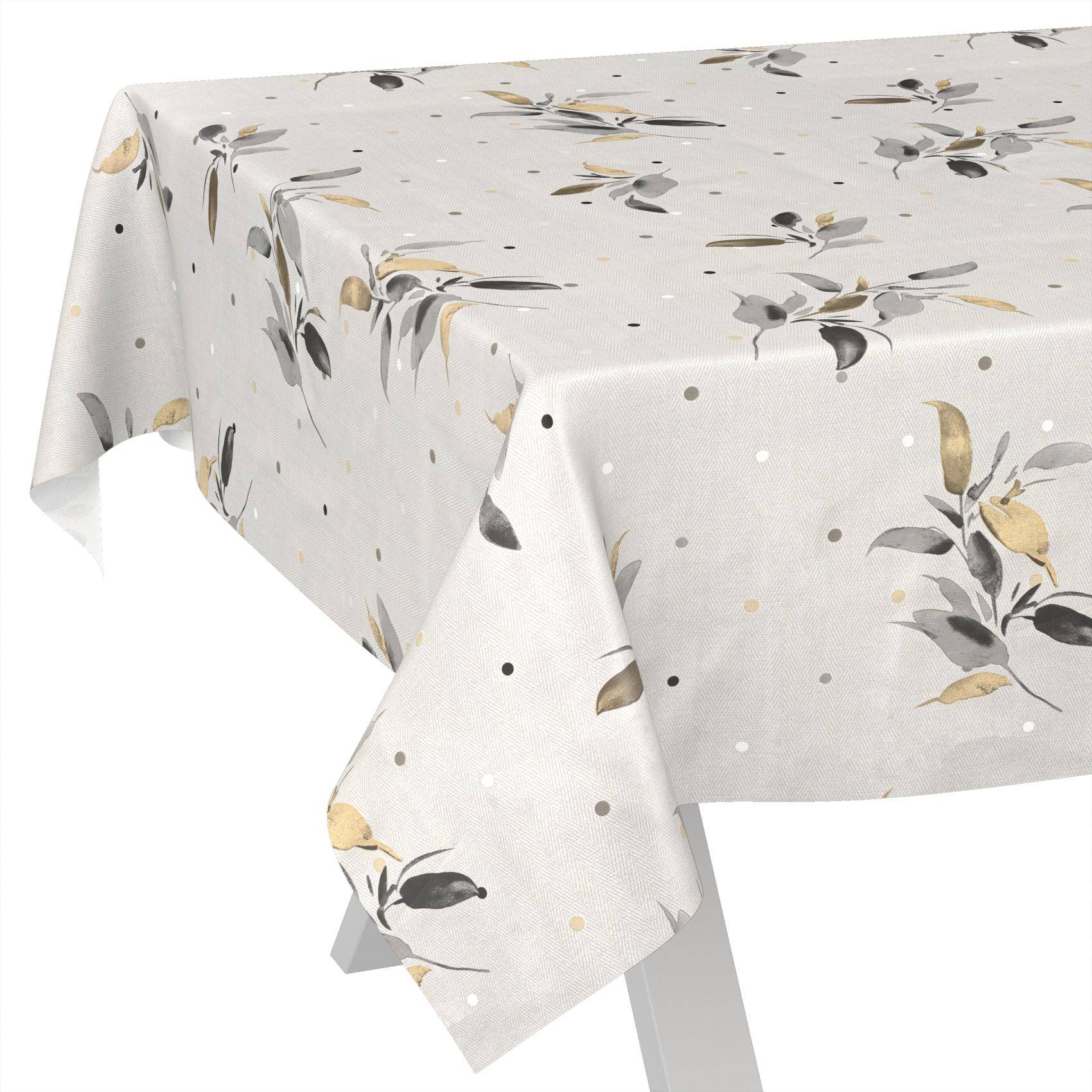 Helles Beige-Tischtuch mit einem zarten grau-, schwarz- und goldfarbenen Blatt-Blumenmuster über einem rechteckigen Tisch drapiert.