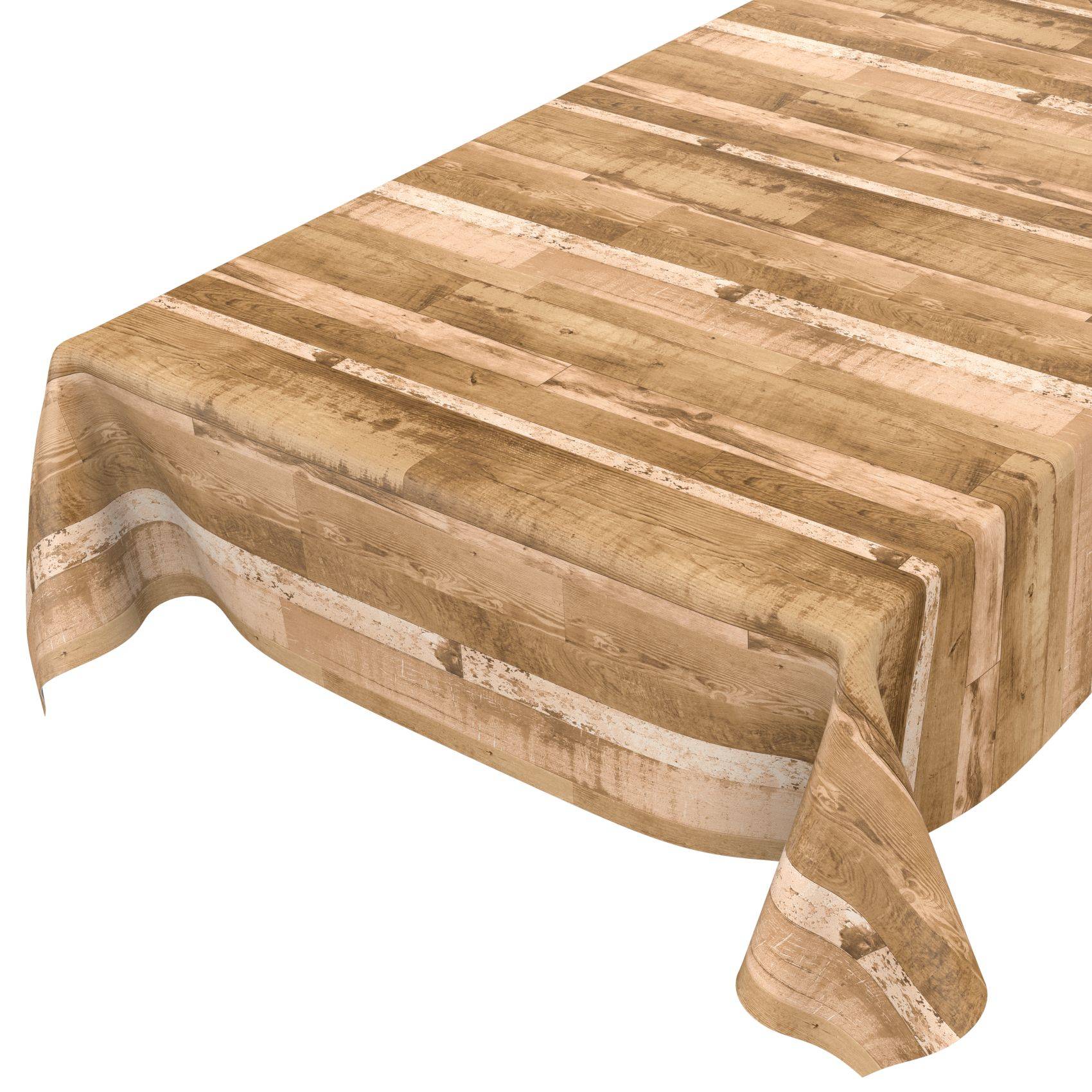 Tischtuch mit Holzmaserung-Muster in rechteckiger Form, das über einem Tisch drapiert ist, mit hängenden Ecken auf weißem Hintergrund.