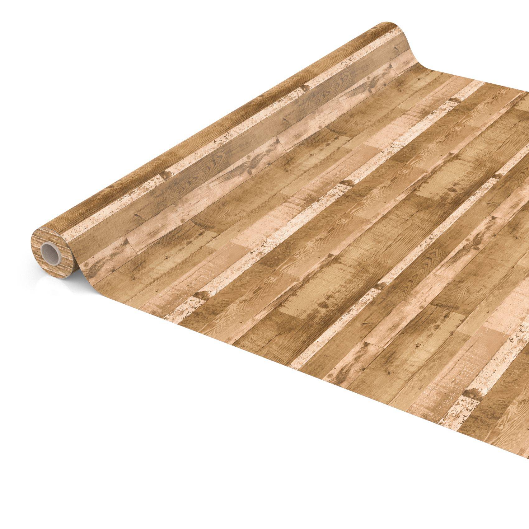 Aufgerollte Holzbodenbeschichtung mit einem verwitterten Dielenmuster auf weißem Hintergrund.