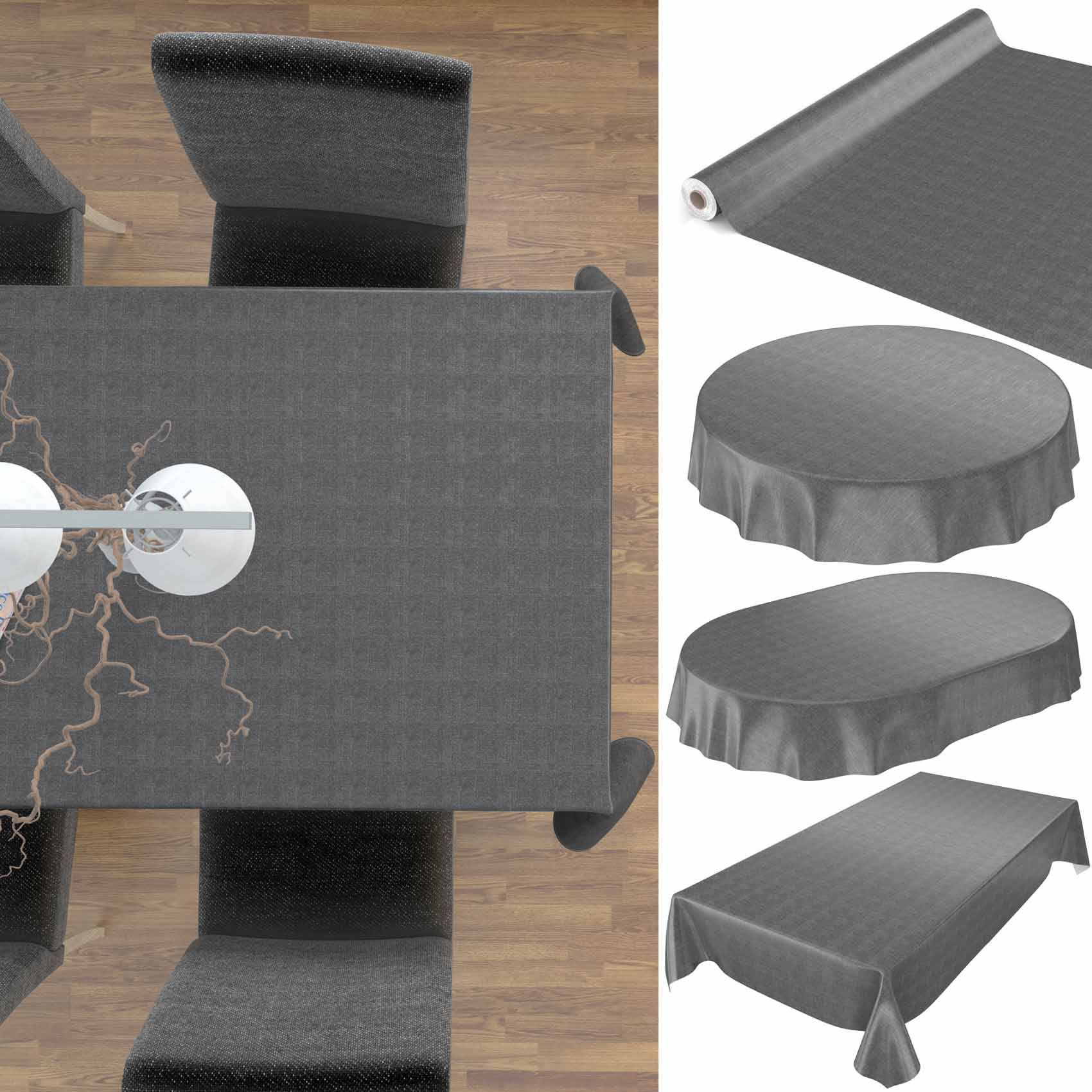 Graue Esszimmertischdecke auf einem Tisch mit Stühlen gezeigt, zusammen mit aufgerollten und spannbezug-Stilen für runde und rechteckige Tische.
