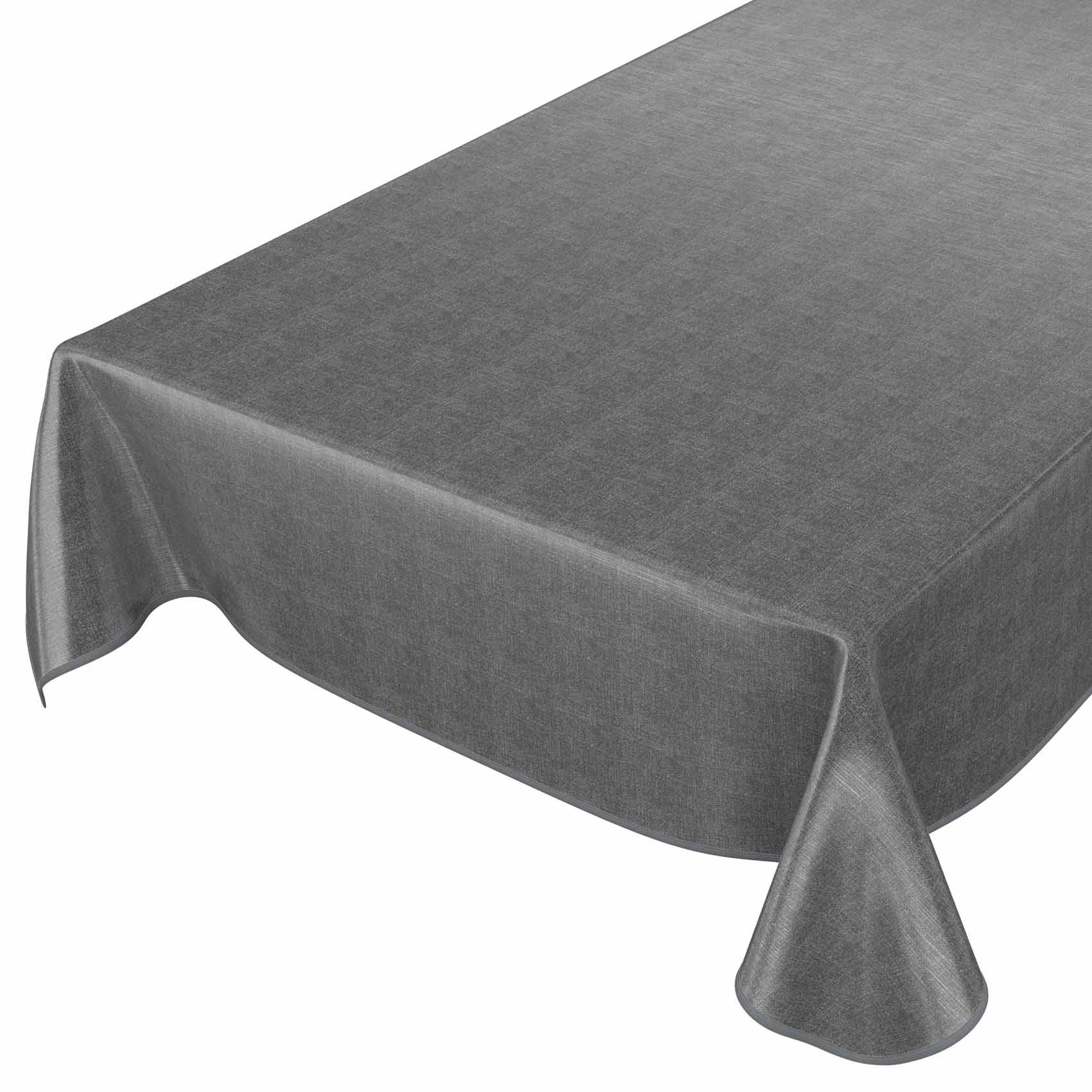 Graues rechteckiges Tischtuch, das über einen Tisch drapiert ist, von einer schrägen Draufsicht auf weißem Hintergrund gezeigt.