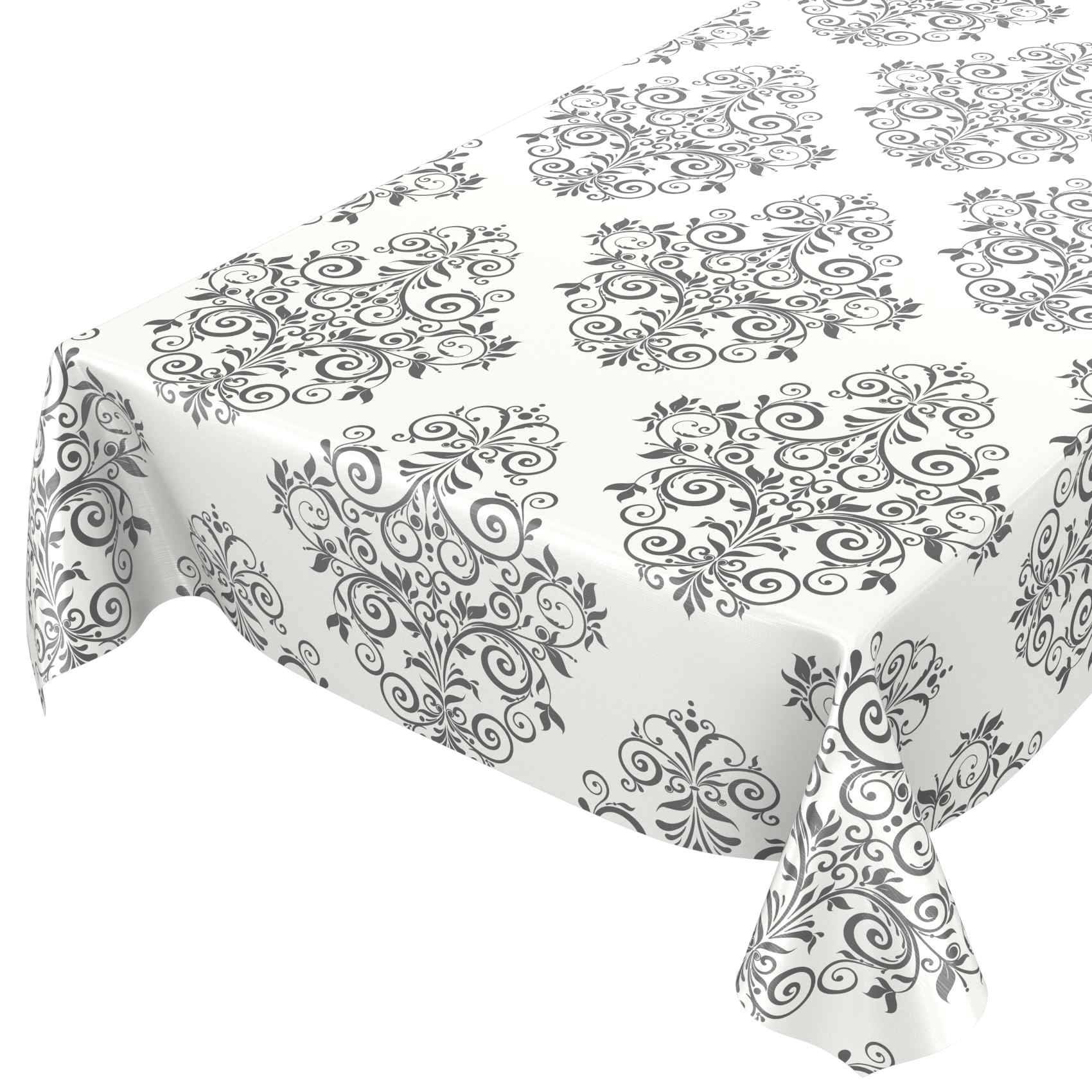 Weiße Tischdecke mit grauem verziertem Blumen- und Wellenmuster, über einem rechteckigen Tisch drapiert mit einer hängenden Ecke.
