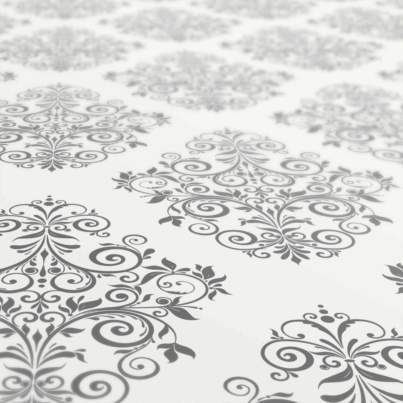 Abstraktes graues dekoratives Blumenmuster auf hellem Hintergrund mit sich wiederholenden Swirl-Motiven, die in der Ferne verblassen.