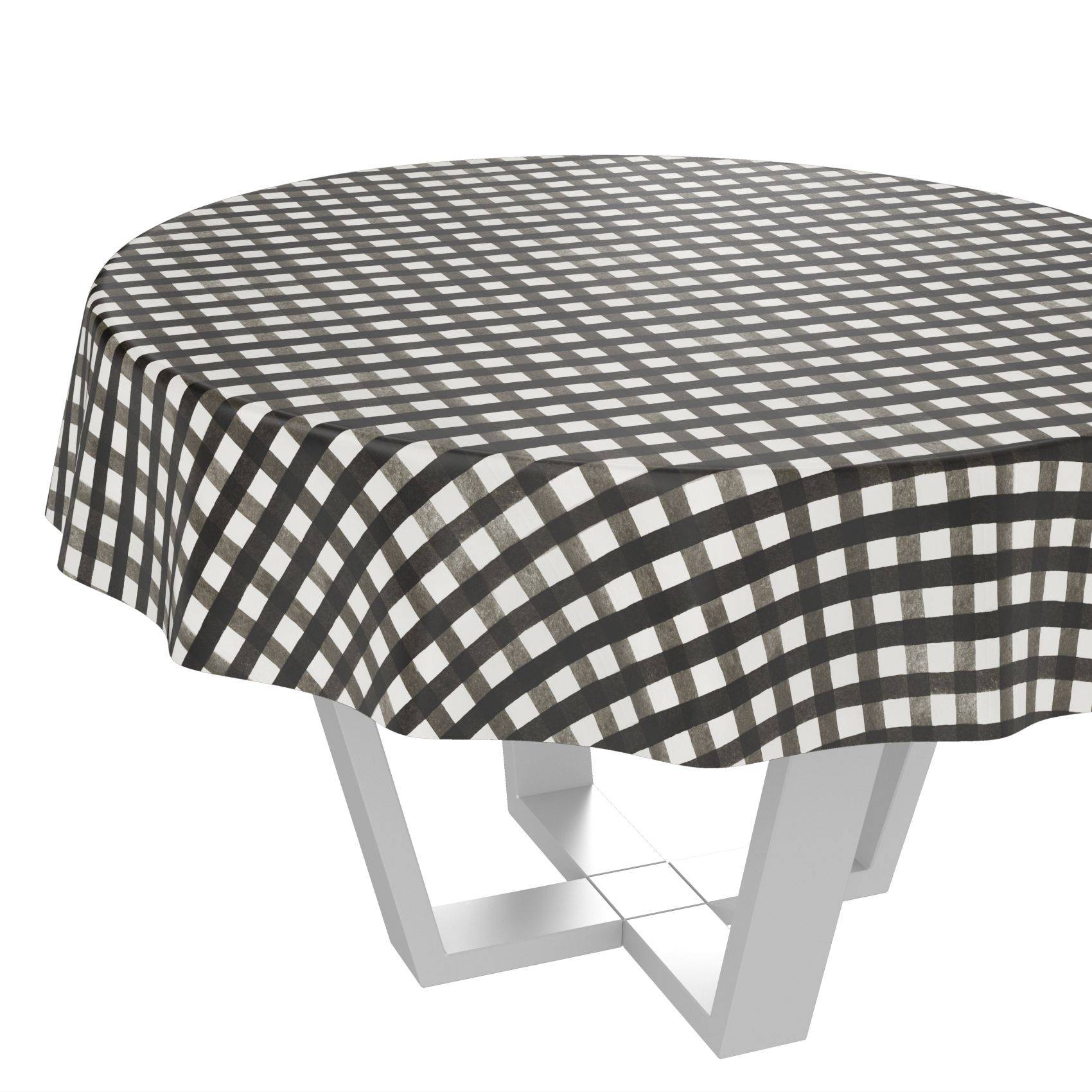 Runder Tisch mit schwarzweißem Karomuster-Tischdecke, auf weißem Hintergrund mit moderner geometrischer Basis dargestellt.