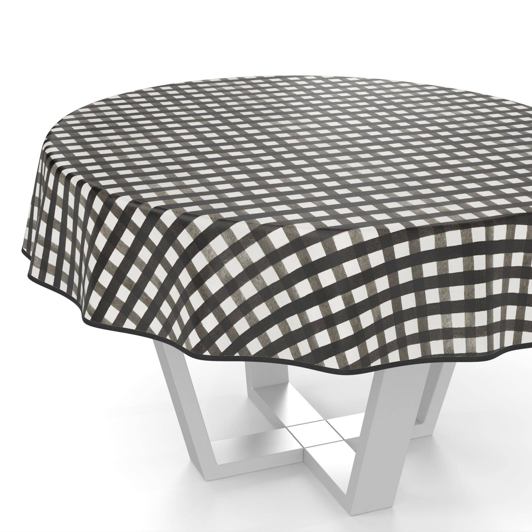 Runder Tisch mit einer schwarz-weiß karierten Tischdecke, dargestellt auf weißem Hintergrund.