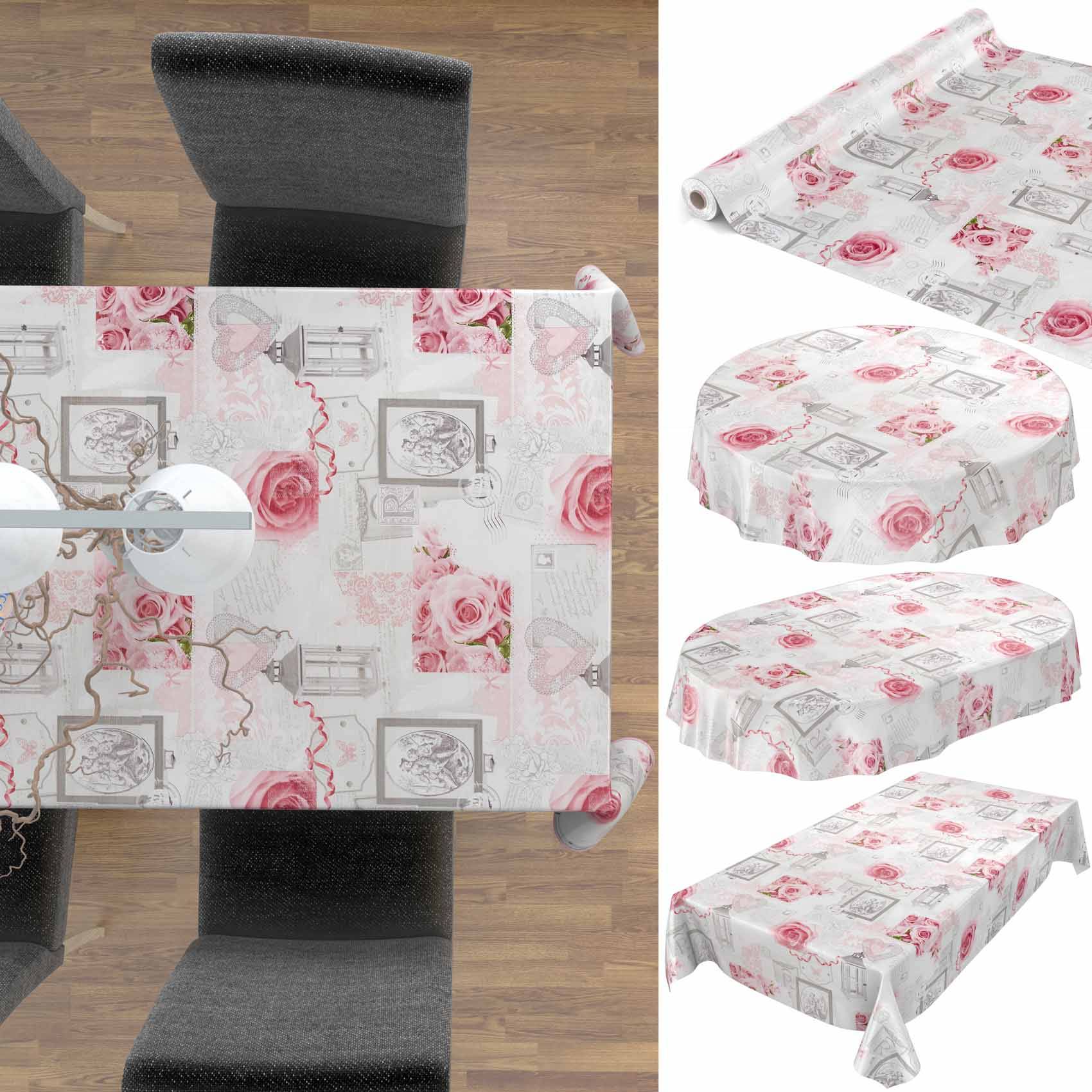 Tischdecke in Blumendruck mit Rosa und Grau auf einem Esstisch und in gefalteten Produktansichten gezeigt, die einen bedruckten Bezug mit Rose und Vintage-Rahmenmuster demonstrieren.